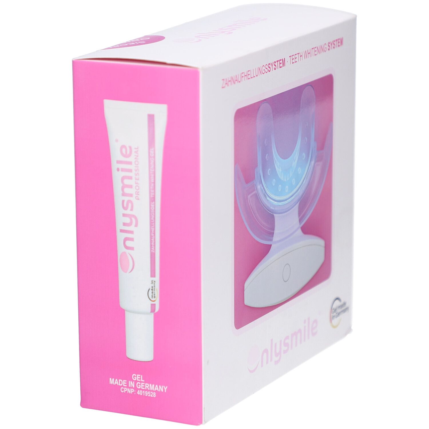 Box mit Zahnaufhellungssystem und Gel-Tube. Nur-Lächeln-Logo und Gel-Tube. Made in Germany.