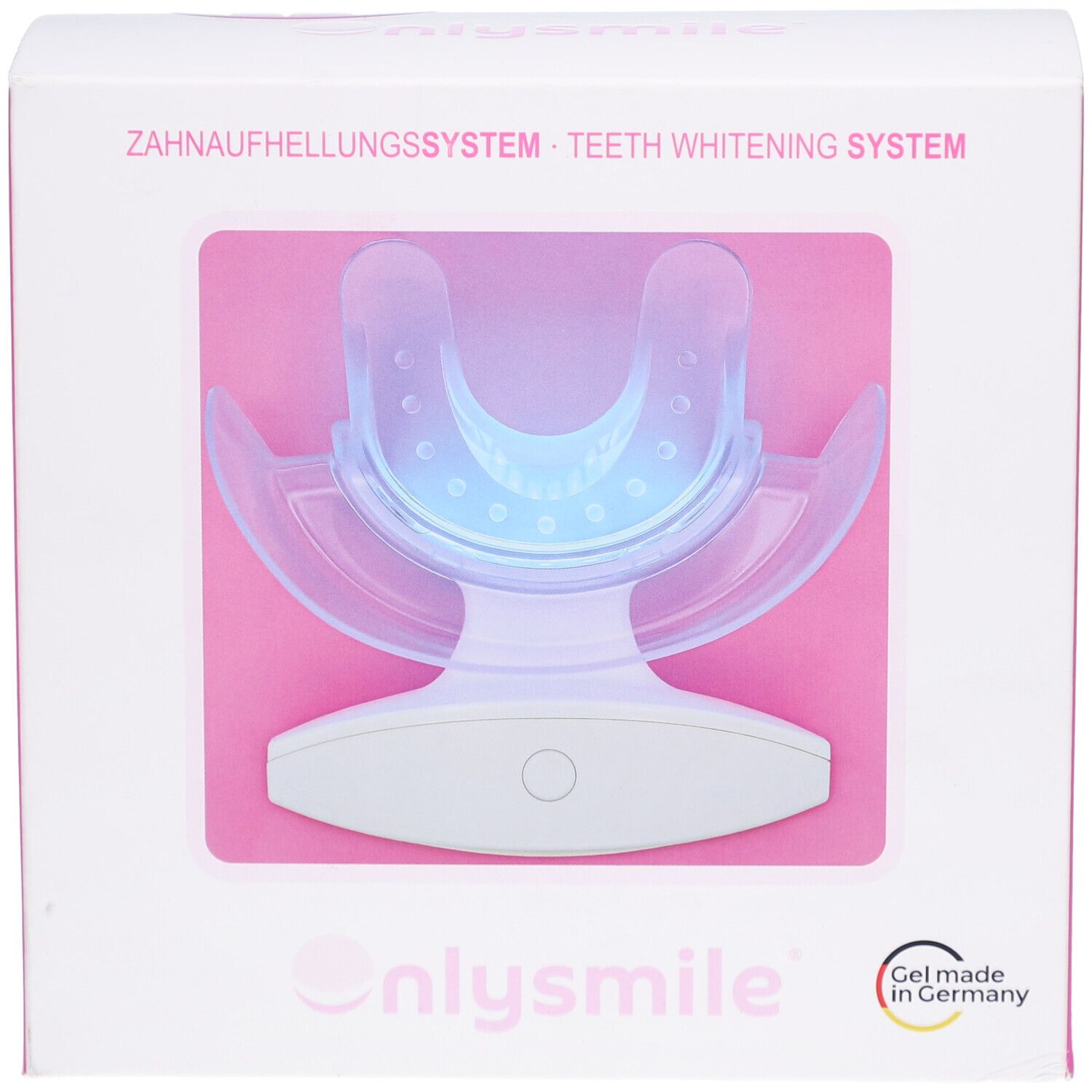 Zahnaufhellungssystem-Box. Enthält LED-Lampe und Mundstück. Nur-Lächeln-Logo unten. Gel made in Germany.