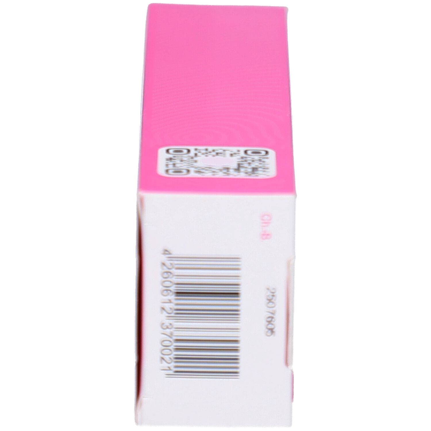 Seitenansicht der Schachtel. QR-Code, Chargennummer und Strichcode. Rosa und weiß.