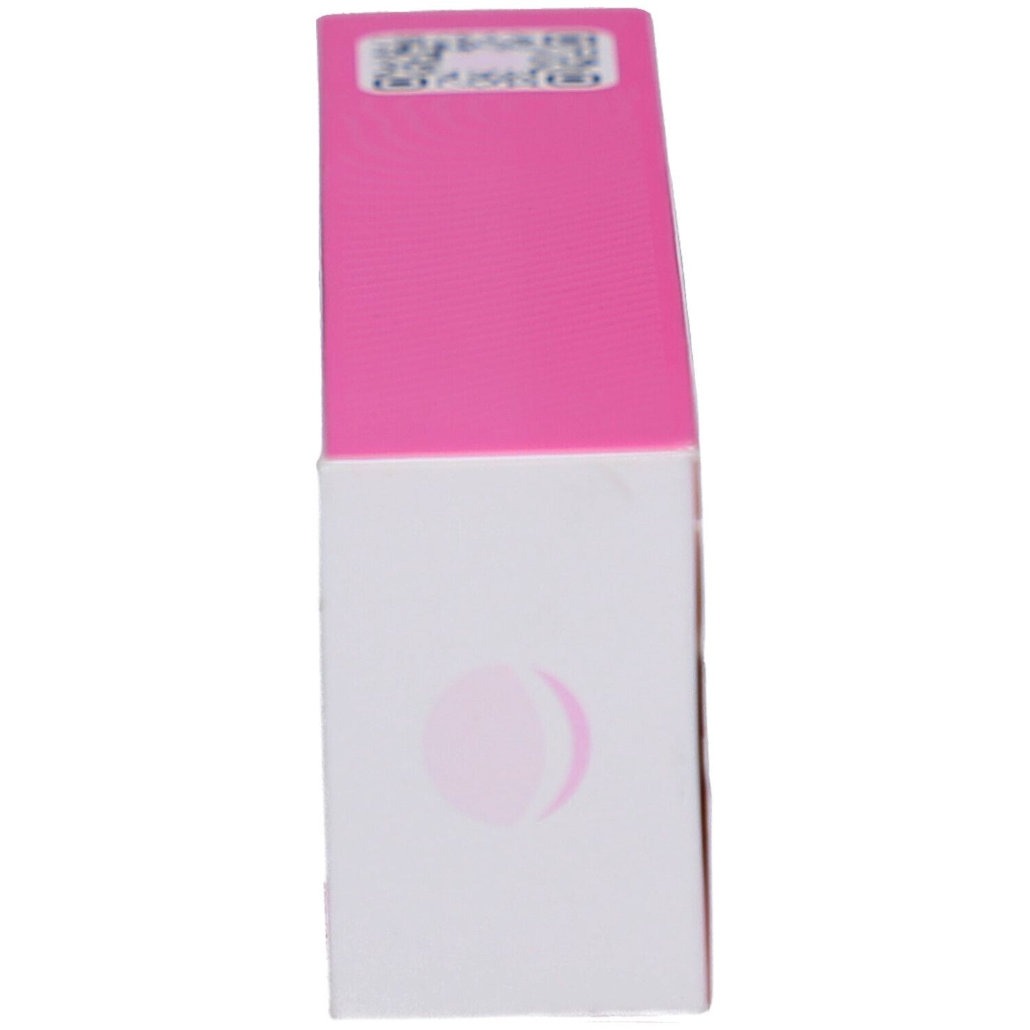 Schachtel, schräg von oben. Rosa-weiße Verpackung mit onlysmile Logo und QR-Code.