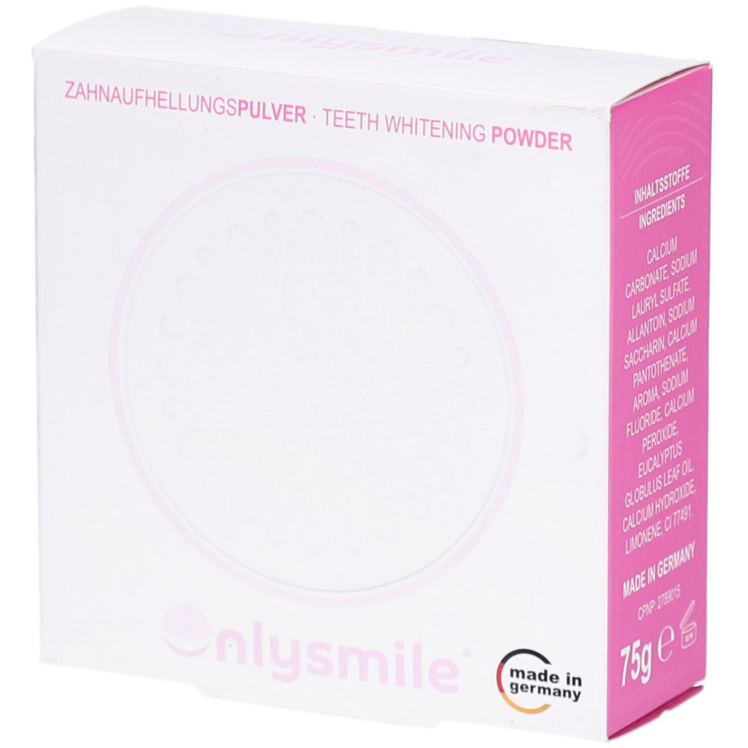 Weiße Kartonverpackung mit rosa Akzenten. Aufschrift: Zahnaufhellungspulver. Marke: onlysmile. Inhaltsstoffe und Logo.