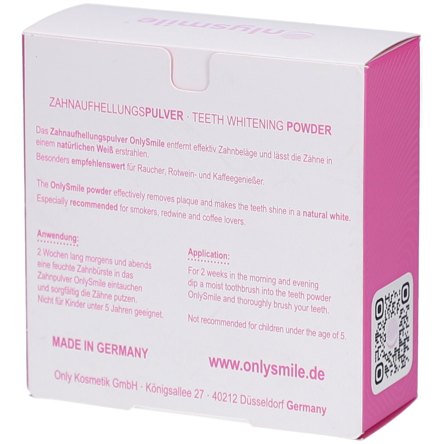 Rückseite der Verpackung. Text: Zahnaufhellungspulver. Anwendungshinweise und Kontaktinformationen. QR-Code.