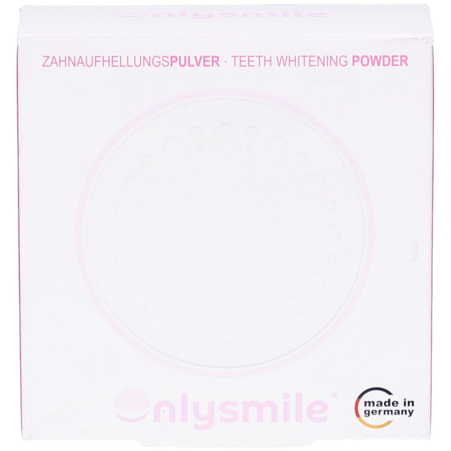 Weiße Kartonverpackung mit rosa Akzenten. Aufschrift: Zahnaufhellungspulver. Marke: onlysmile. Logo.