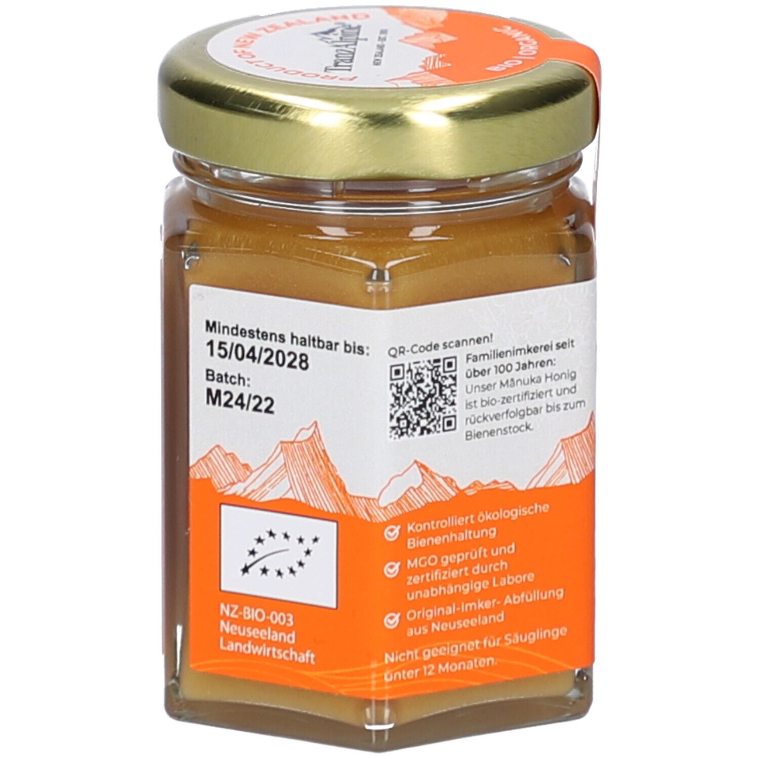 Glas mit BIO MANUKA Honig. Etikett mit Mindesthaltbarkeitsdatum und QR-Code. Zertifizierungen und Text.