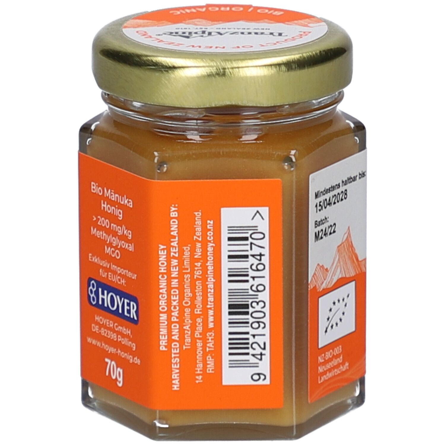 Glas mit BIO MANUKA Honig. Rückseite mit Text, Chargennummer und Barcode. Herstellerinformationen.
