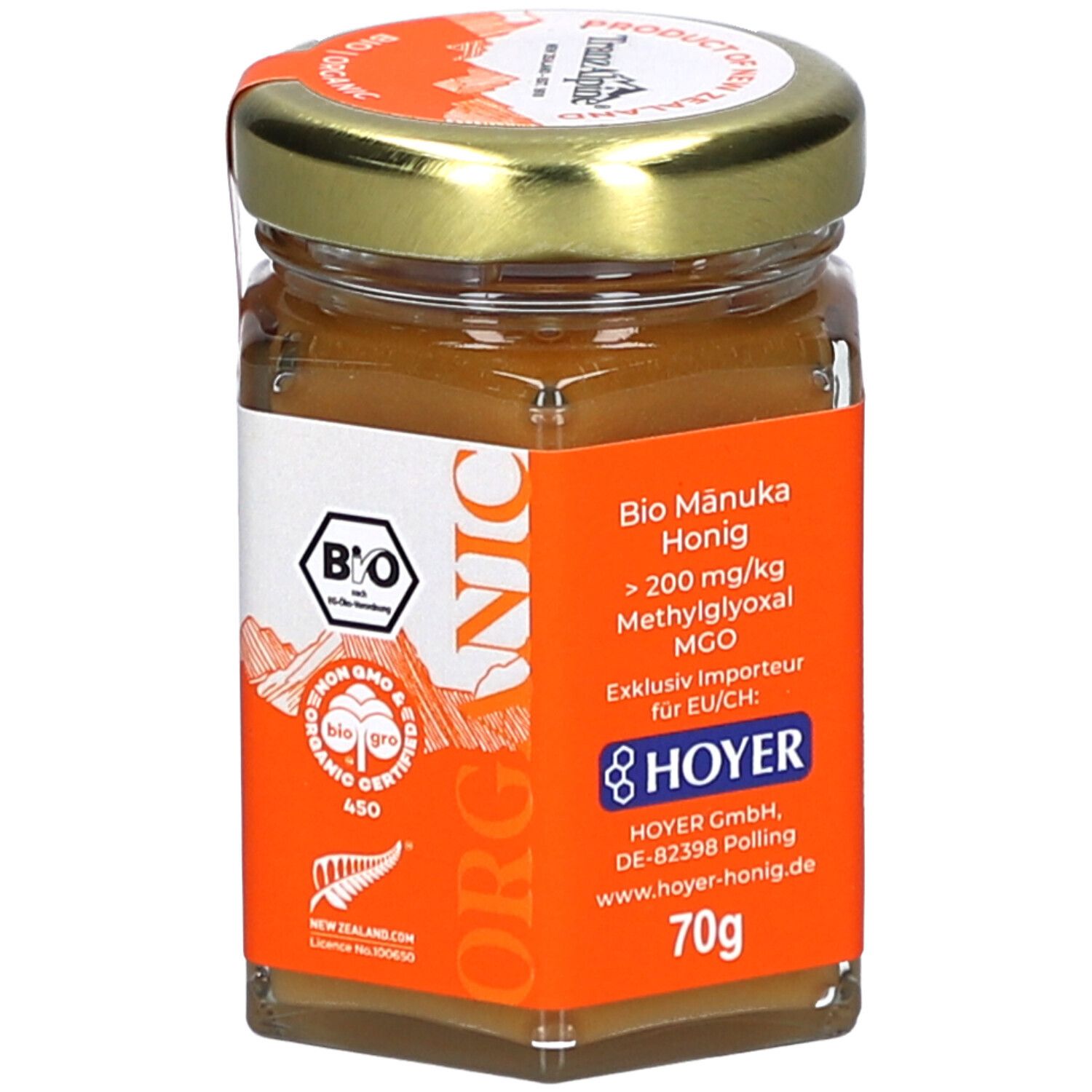 Glas mit BIO MANUKA Honig. Rückseite mit Text, Chargennummer und Barcode. Herstellerinformationen.