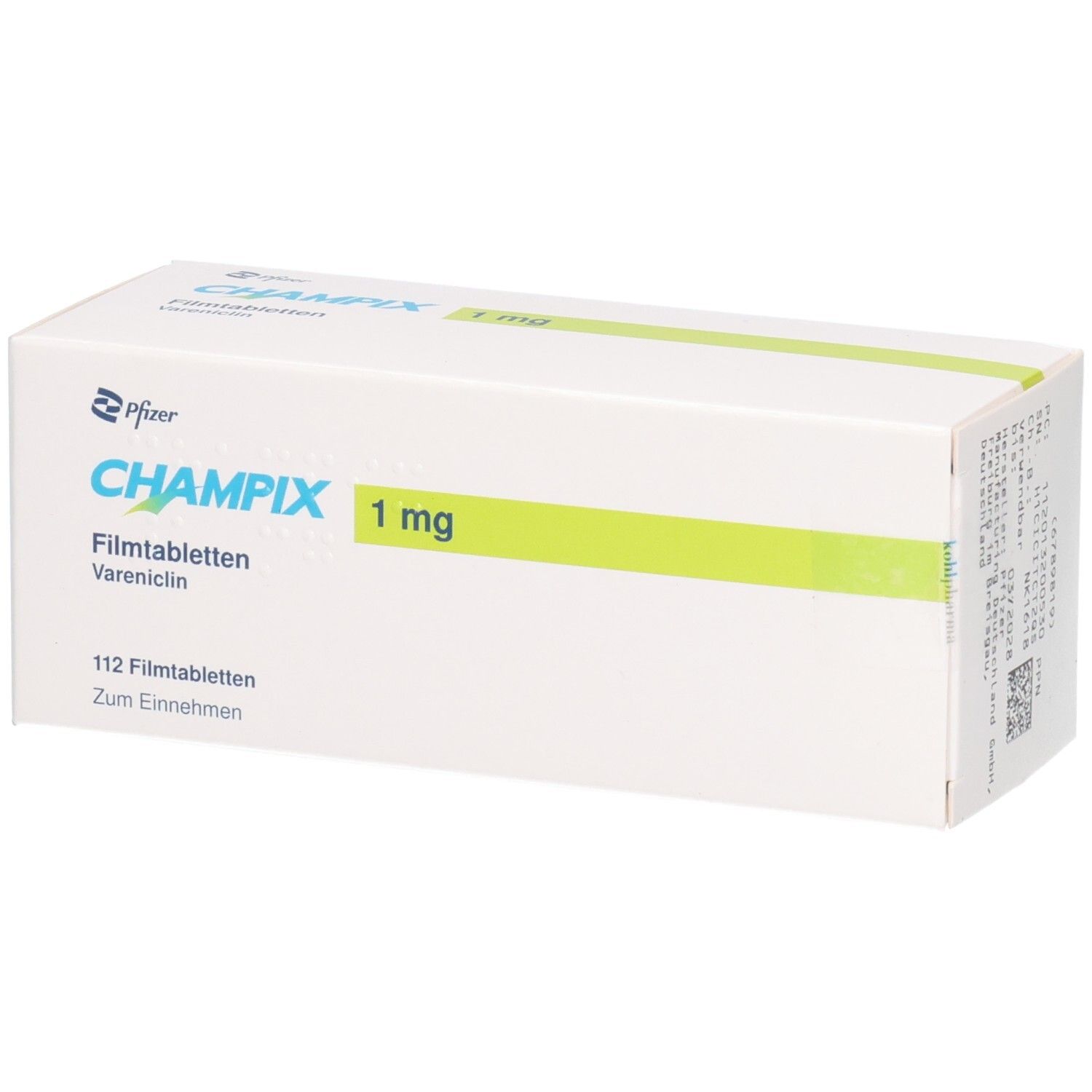 CHAMPIX 1 mg Filmtabletten Vareniclin, 112 Filmtabletten. Packung von Pfizer.