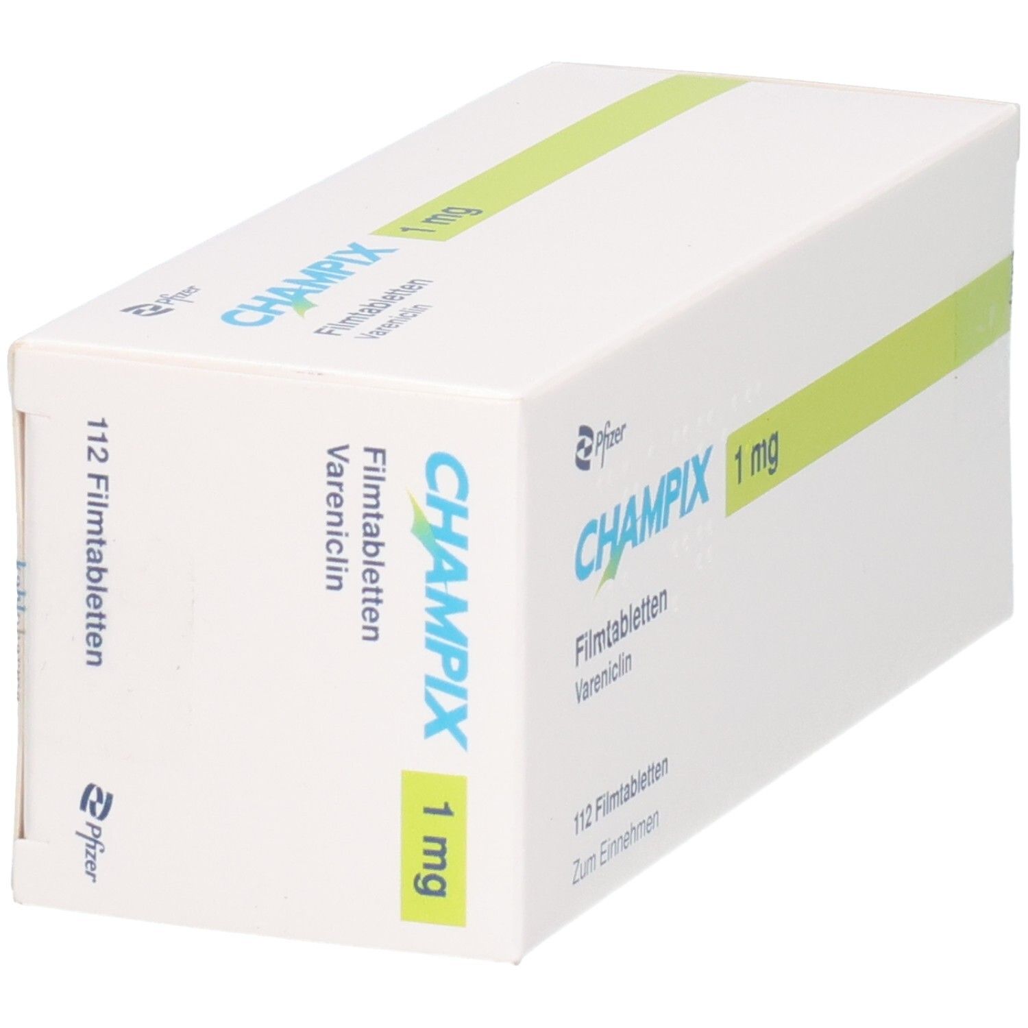 CHAMPIX 1 mg Filmtabletten Vareniclin, 112 Filmtabletten. Packung von Pfizer.