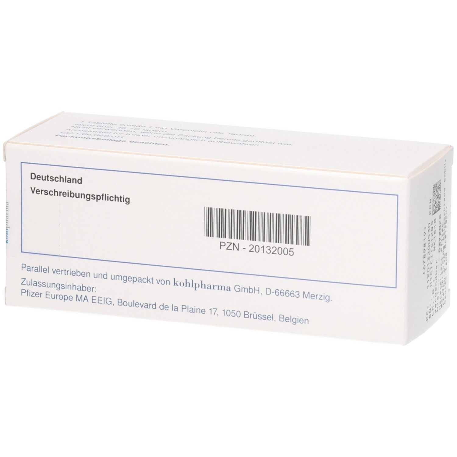 Rückseite der CHAMPIX 1 mg Filmtabletten Packung. PZN 20132005. Deutschland, verschreibungspflichtig.