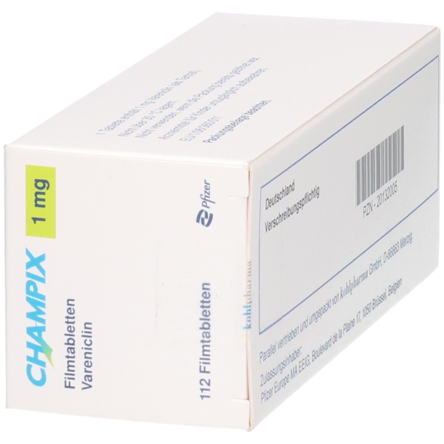 CHAMPIX 1 mg Filmtabletten Vareniclin, 112 Filmtabletten. Packung von Pfizer.