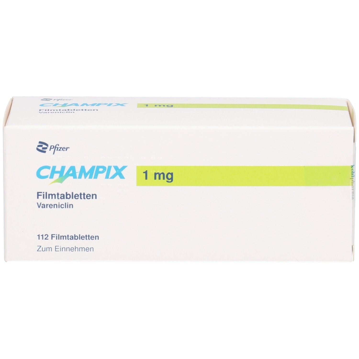 CHAMPIX 1 mg Filmtabletten Vareniclin, 112 Filmtabletten. Packung von Pfizer.