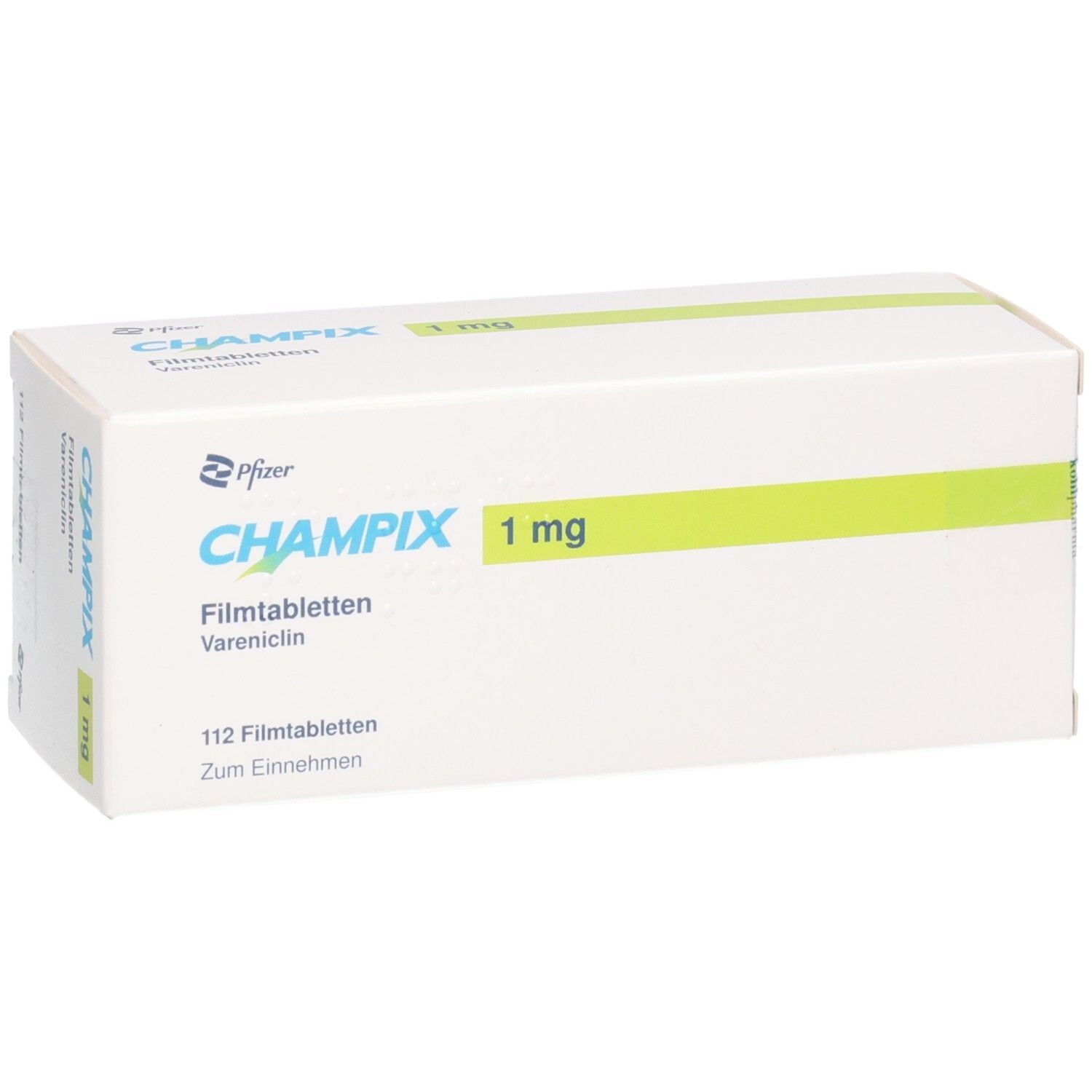 CHAMPIX 1 mg Filmtabletten Vareniclin, 112 Filmtabletten. Packung von Pfizer.