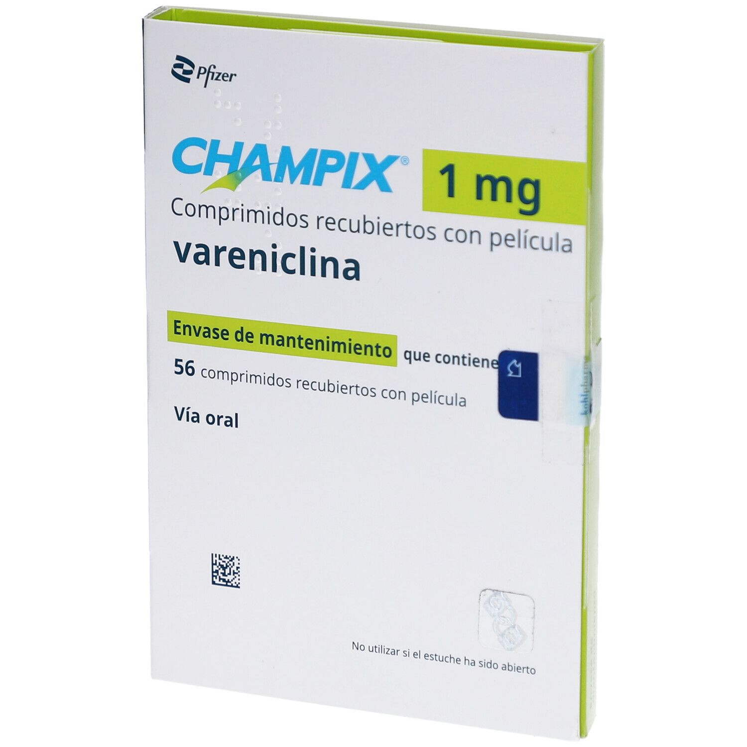 Schachtel mit CHAMPIX 1 mg Filmtabletten. Aufschrift: 56 Filmtabletten, Vareniclin. Hersteller Pfizer.