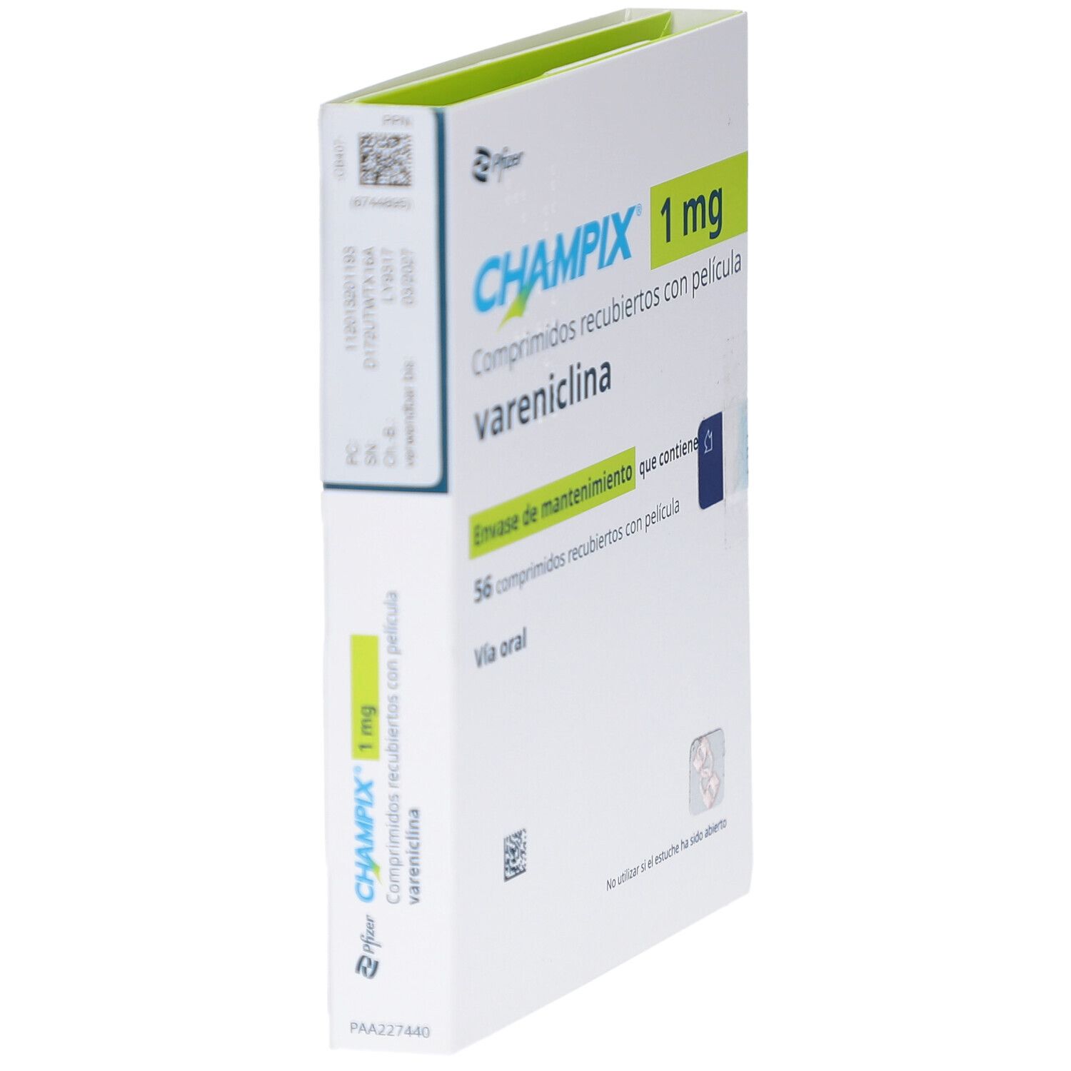 Schachtel CHAMPIX 1 mg Filmtabletten, Seitenansicht. Aufschrift: 56 Filmtabletten, Vareniclin. Hersteller Pfizer.