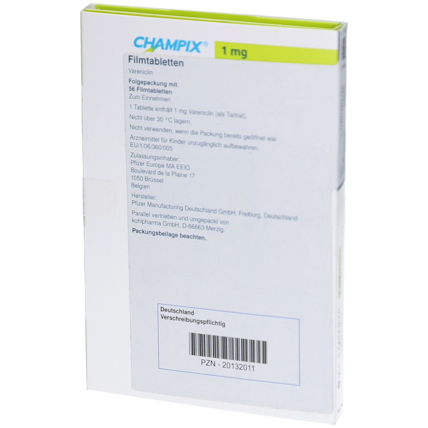 Rückseite der CHAMPIX 1 mg Filmtabletten Packung. Enthält Informationen zu Inhaltsstoffen, Hersteller und Dosierung.