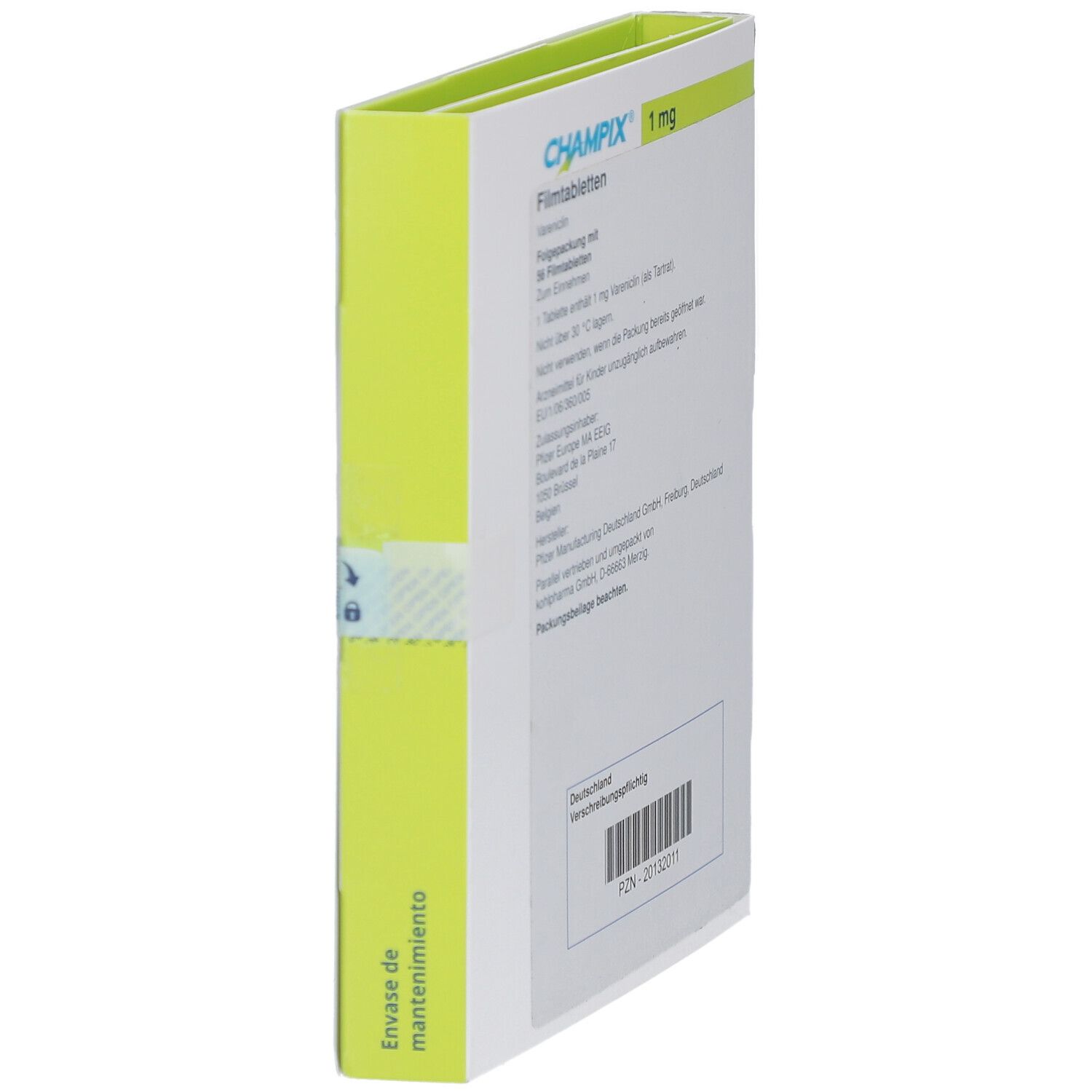 Seitenansicht der CHAMPIX 1 mg Filmtabletten Packung. Enthält Informationen zu Inhaltsstoffen, Hersteller und Dosierung.