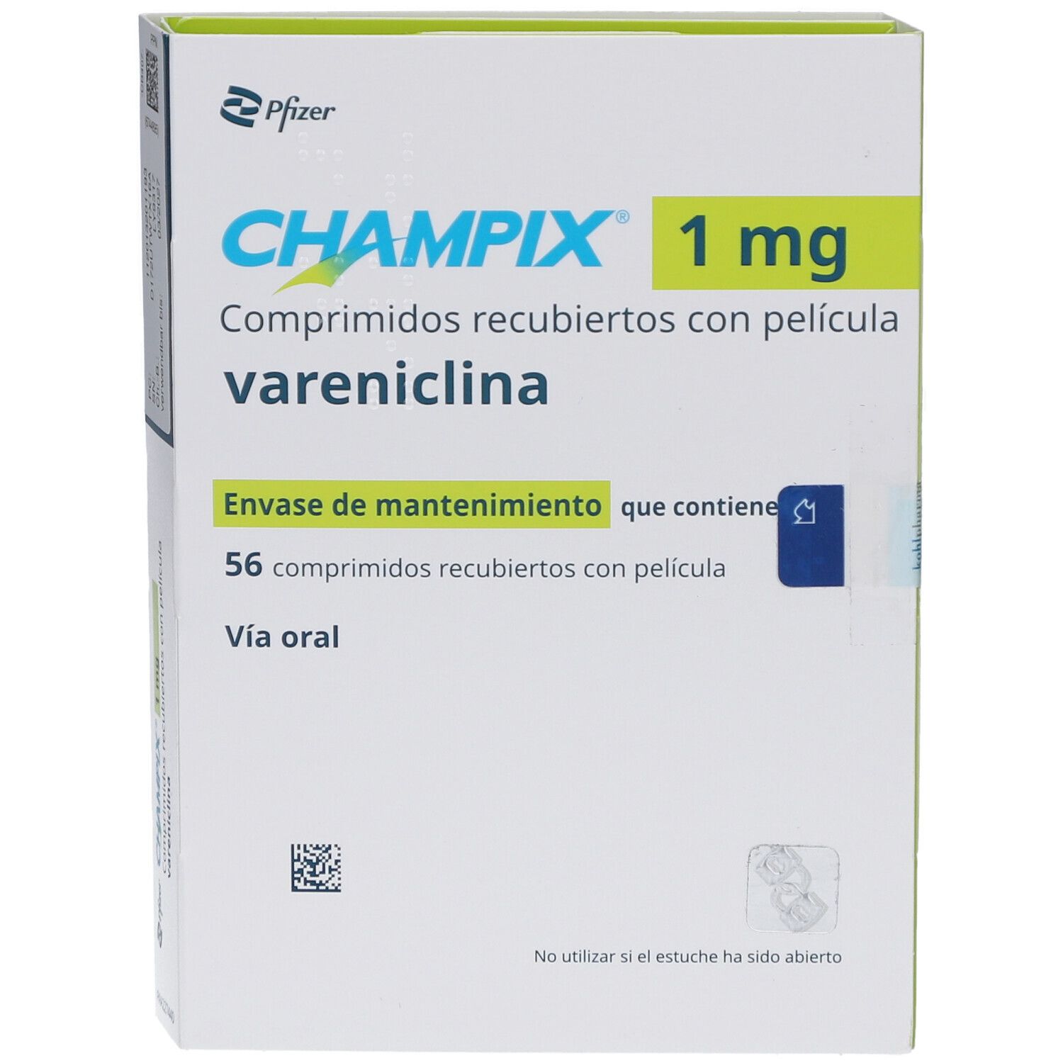 Schachtel mit CHAMPIX 1 mg Filmtabletten. Aufschrift: 56 Filmtabletten, Vareniclin. Hersteller Pfizer.