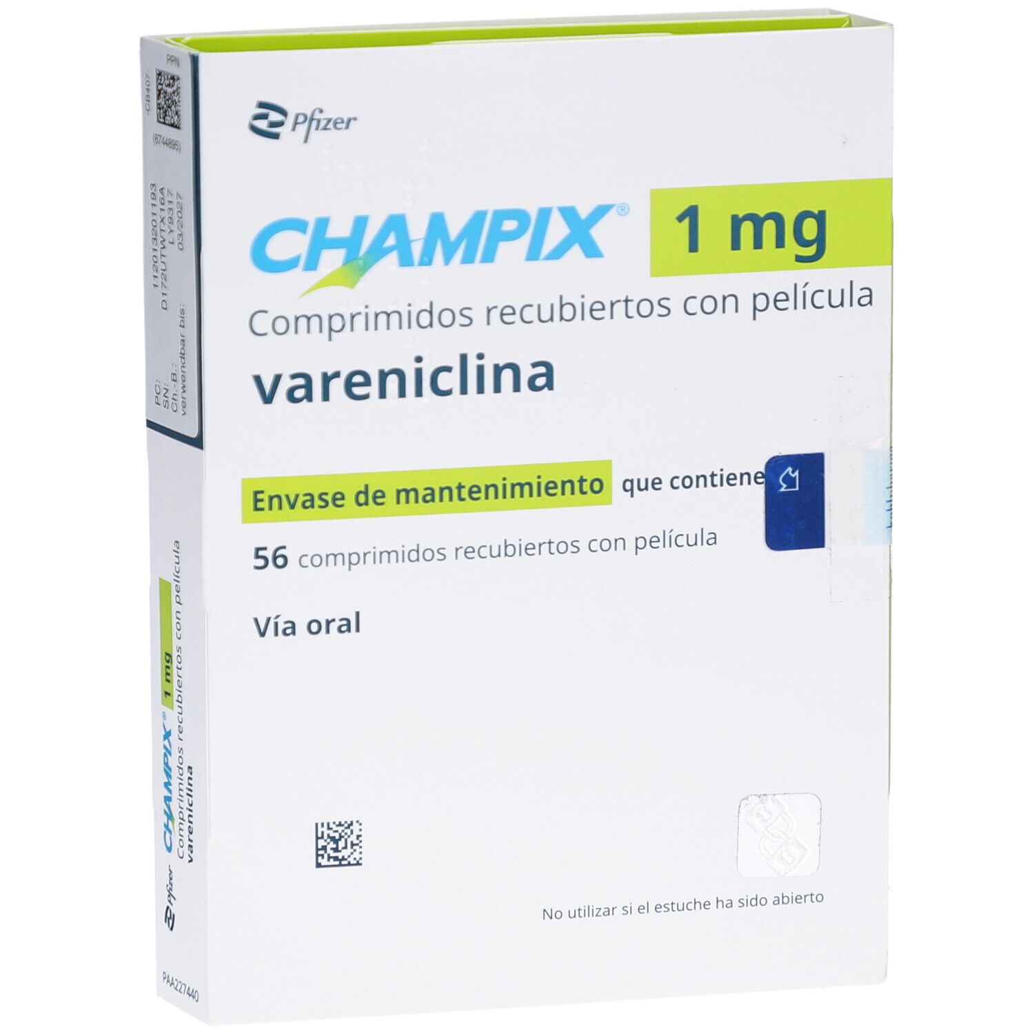 Schachtel mit CHAMPIX 1 mg Filmtabletten. Aufschrift: 56 Filmtabletten, Vareniclin. Hersteller Pfizer.