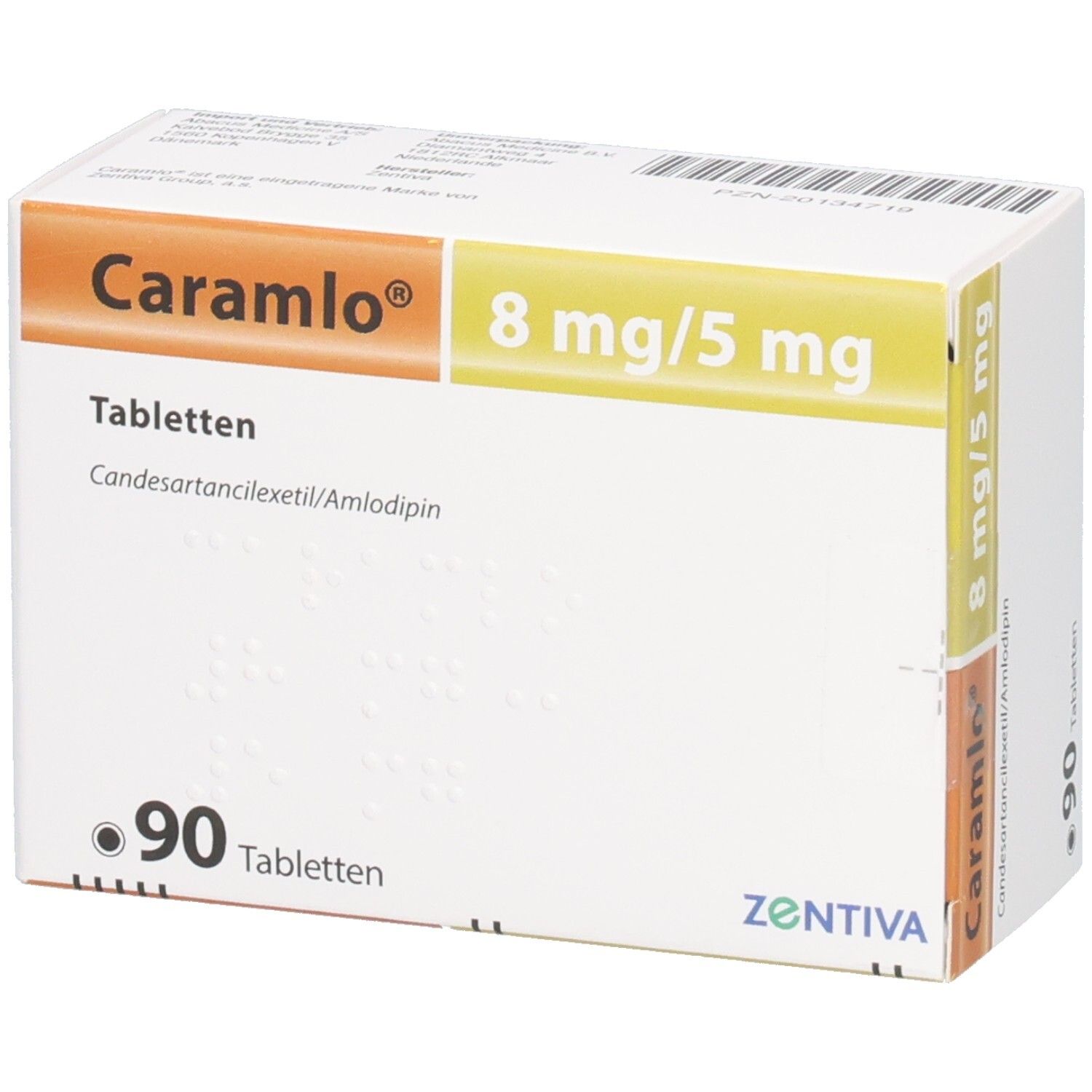Weißer Karton mit orangefarbenem und gelbem Streifen. Aufschrift: Caramlo 8 mg/5 mg Tabletten. 90 Tabletten. Zentiva.