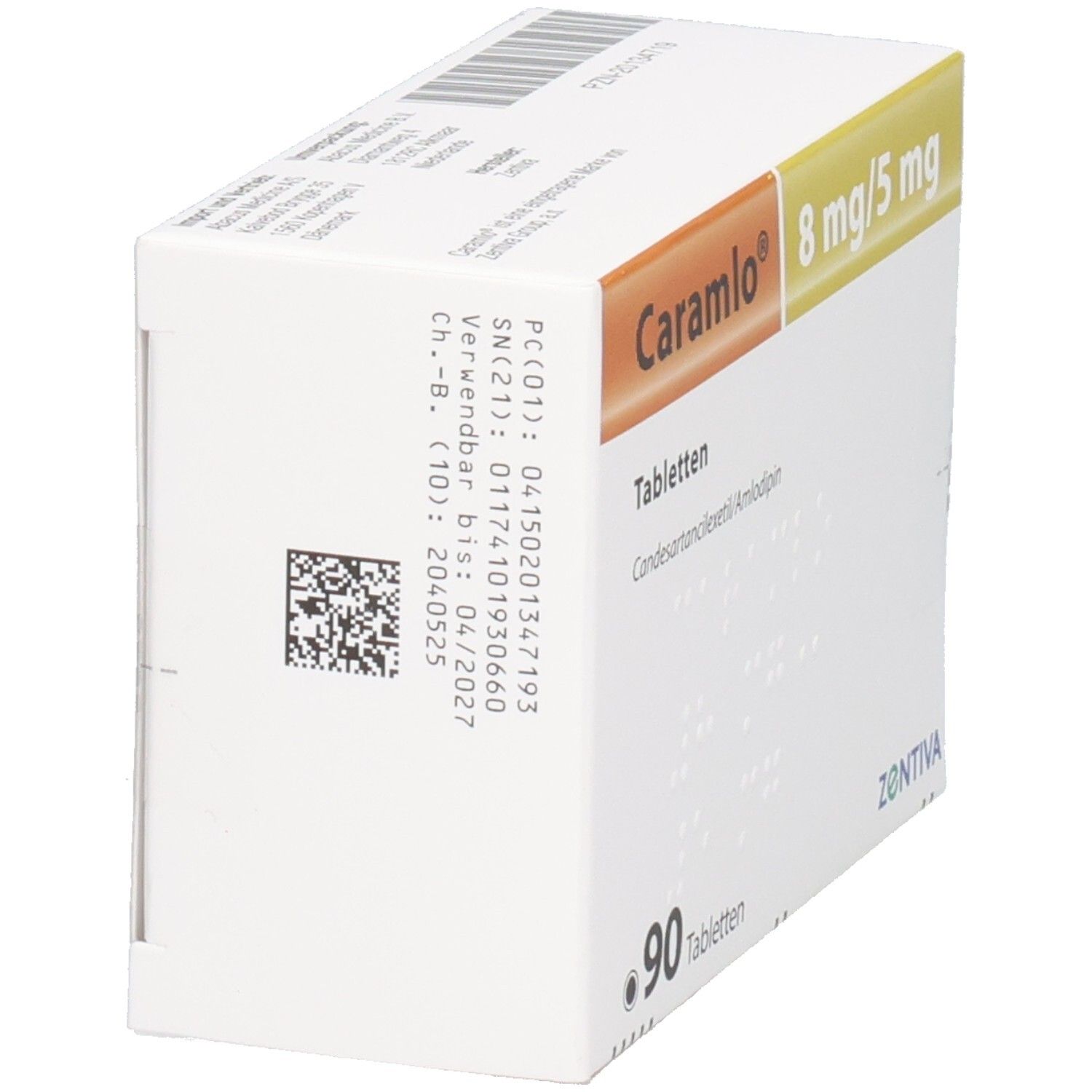 Weißer Karton, Seitenansicht. Aufschrift: Caramlo 8 mg/5 mg Tabletten. 90 Tabletten. Zentiva. Barcode und weitere Informationen.