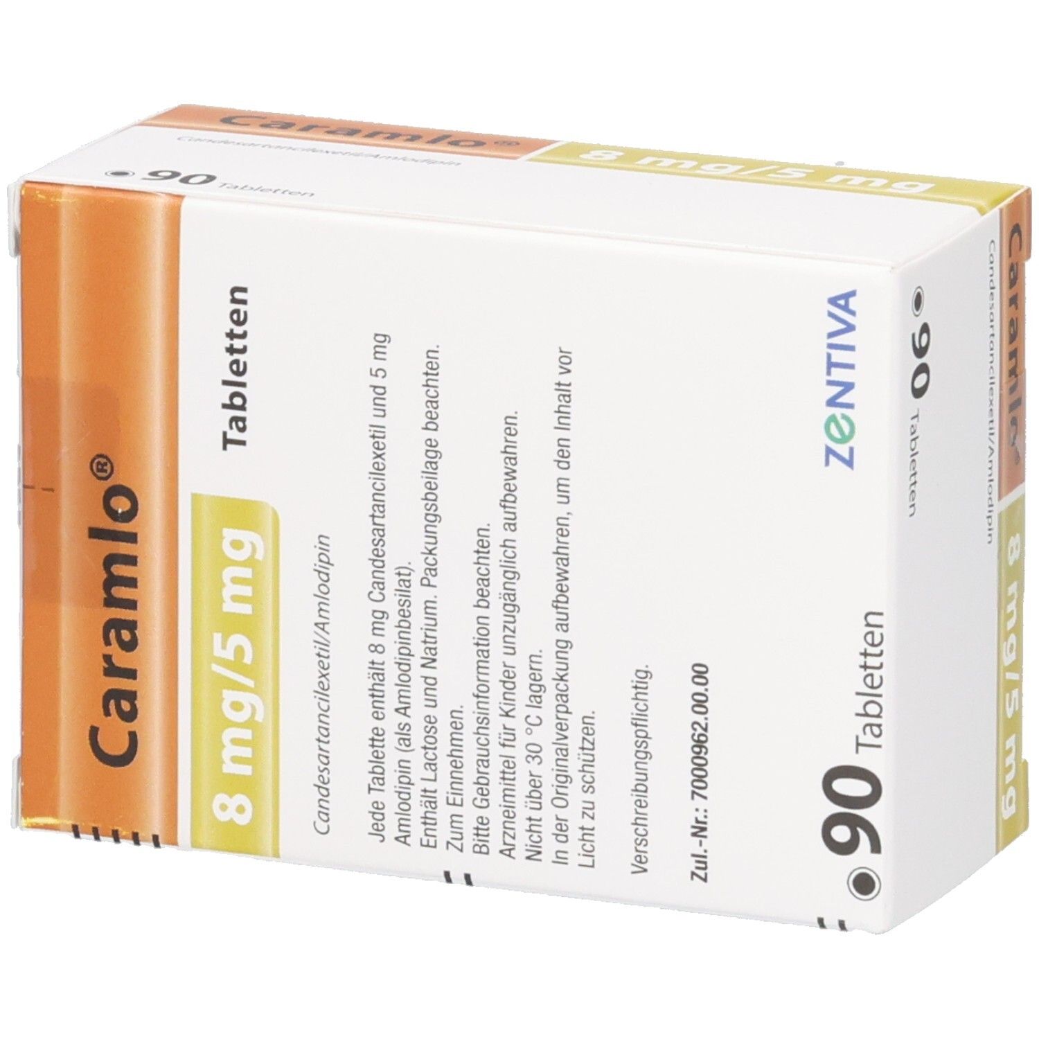 Karton mit orangefarbenem und gelbem Streifen. Aufschrift: Caramlo 8 mg/5 mg Tabletten. 90 Tabletten. Zentiva. Produktinformationen.