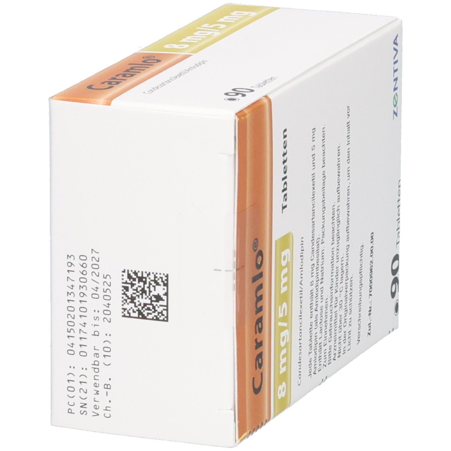 Karton, schräge Ansicht. Aufschrift: Caramlo 8 mg/5 mg Tabletten. 90 Tabletten. Zentiva. Produktinformationen und Barcode.