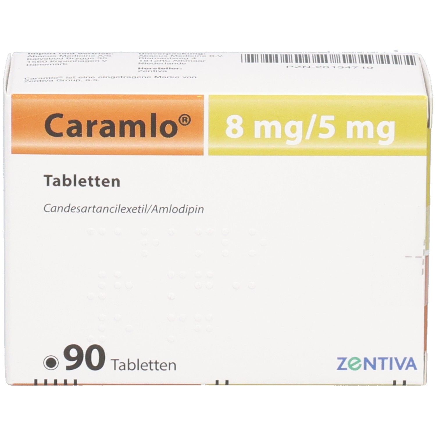 Weißer Karton mit orangefarbenem und gelbem Streifen. Aufschrift: Caramlo 8 mg/5 mg Tabletten. 90 Tabletten. Zentiva.