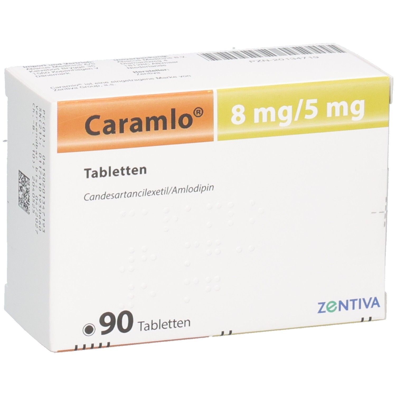 Weißer Karton mit orangefarbenem und gelbem Streifen. Aufschrift: Caramlo 8 mg/5 mg Tabletten. 90 Tabletten. Zentiva. Barcode.