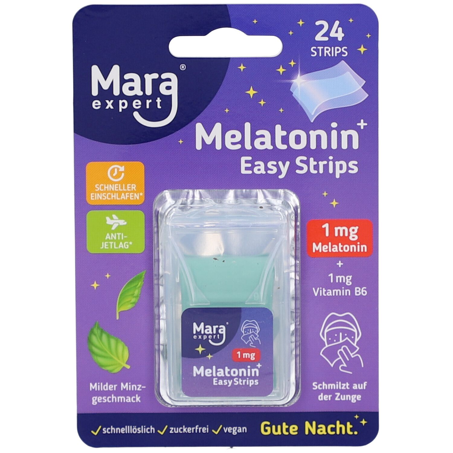 Blisterpackung mit 24 Streifen. Enthält Melatonin Easy Strips 1 mg. Sichtbar: Marke, Produktname, Inhaltsstoffe, vegan.