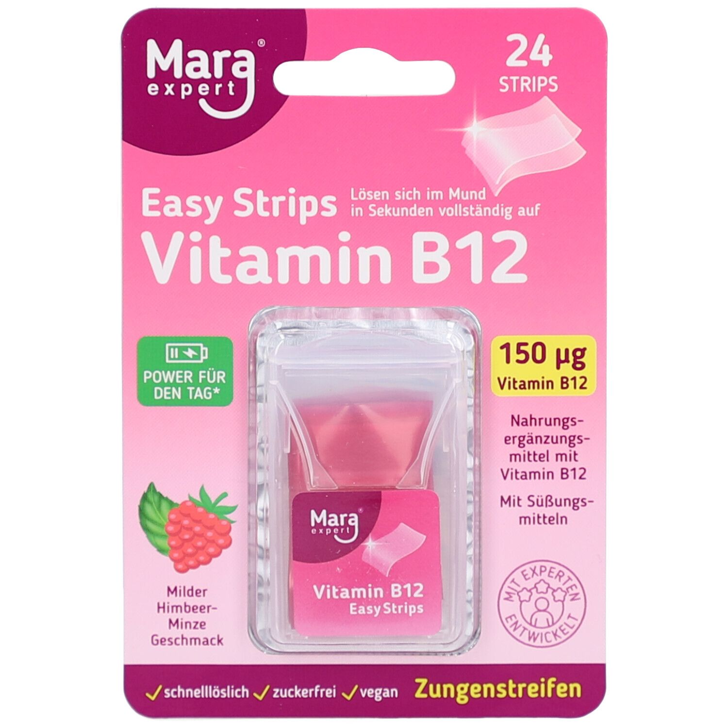 Rosa Verpackung mit 24 Vitamin B12 Streifen. Enthält Himbeer-Minze Geschmack. Vegan, zuckerfrei. Marke Mara expert.