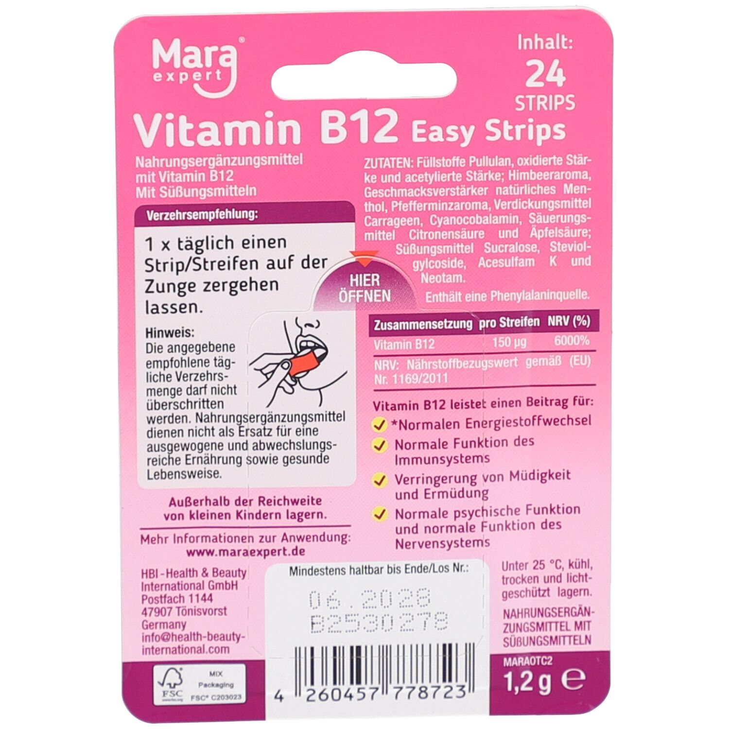 Rückseite der Verpackung mit Informationen zu Vitamin B12 Streifen. Enthält Inhaltsstoffe, Verzehrempfehlung und Nährwertangaben.