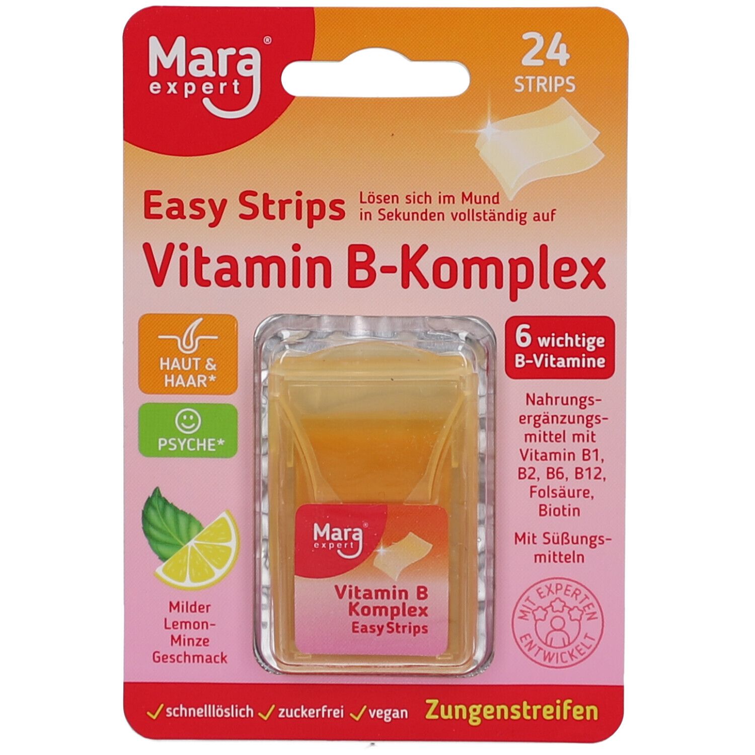 Verpackung mit 24 Vitamin B-Komplex Streifen. Orangefarbene Blisterpackung mit Streifen. Marke: Mara expert. Text: Easy Strips.