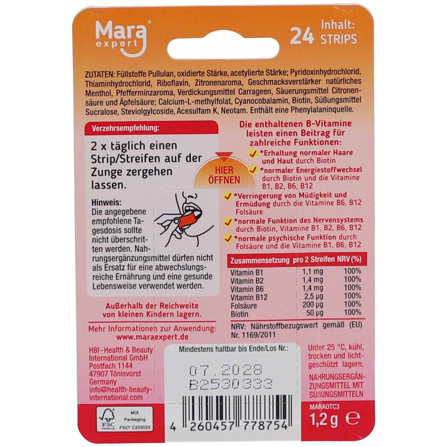 Rückseite der Verpackung mit Inhaltsangaben und Verzehrempfehlung. Text: 24 Strips. Text: Vitamin B-Komplex. Mindesthaltbarkeitsdatum.