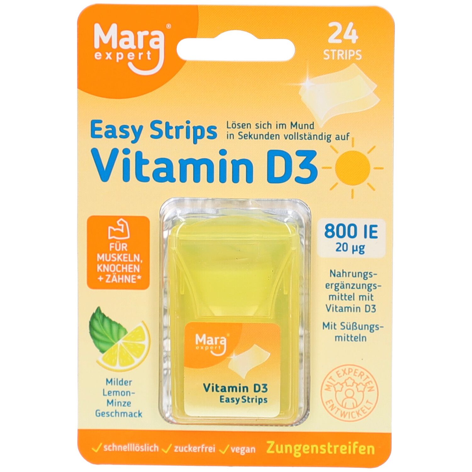 Gelbe Verpackung mit Vitamin D3 Streifen. Enthält 24 Streifen. Aufdruck: Mara expert, 800 IE, vegan, zuckerfrei. Zungenstreifen mit Minzgeschmack.