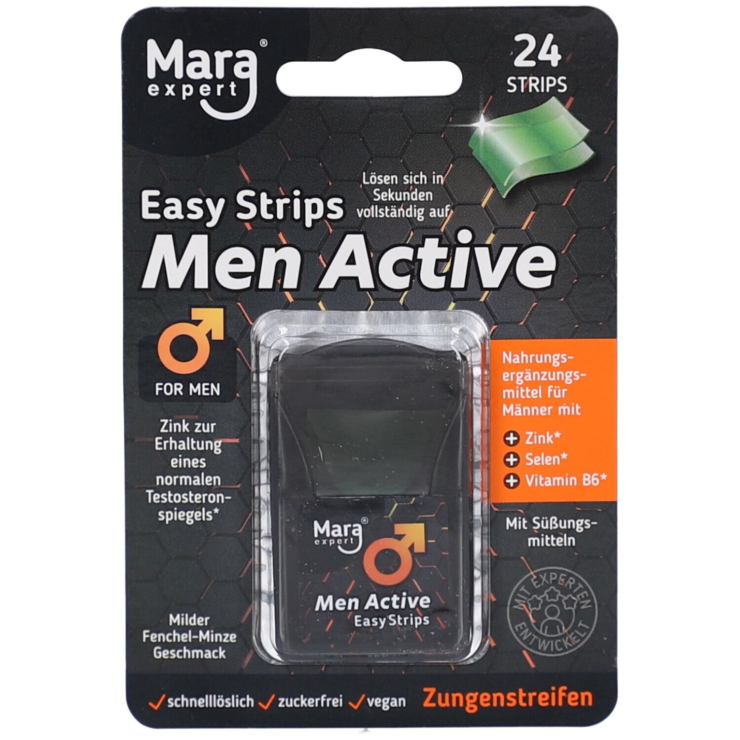 Verpackung mit 24 Streifen. Schwarze Blisterkarte mit Produktnamen 'Men Active Easy Strips'. Enthält Zink, Selen und Vitamin B6.