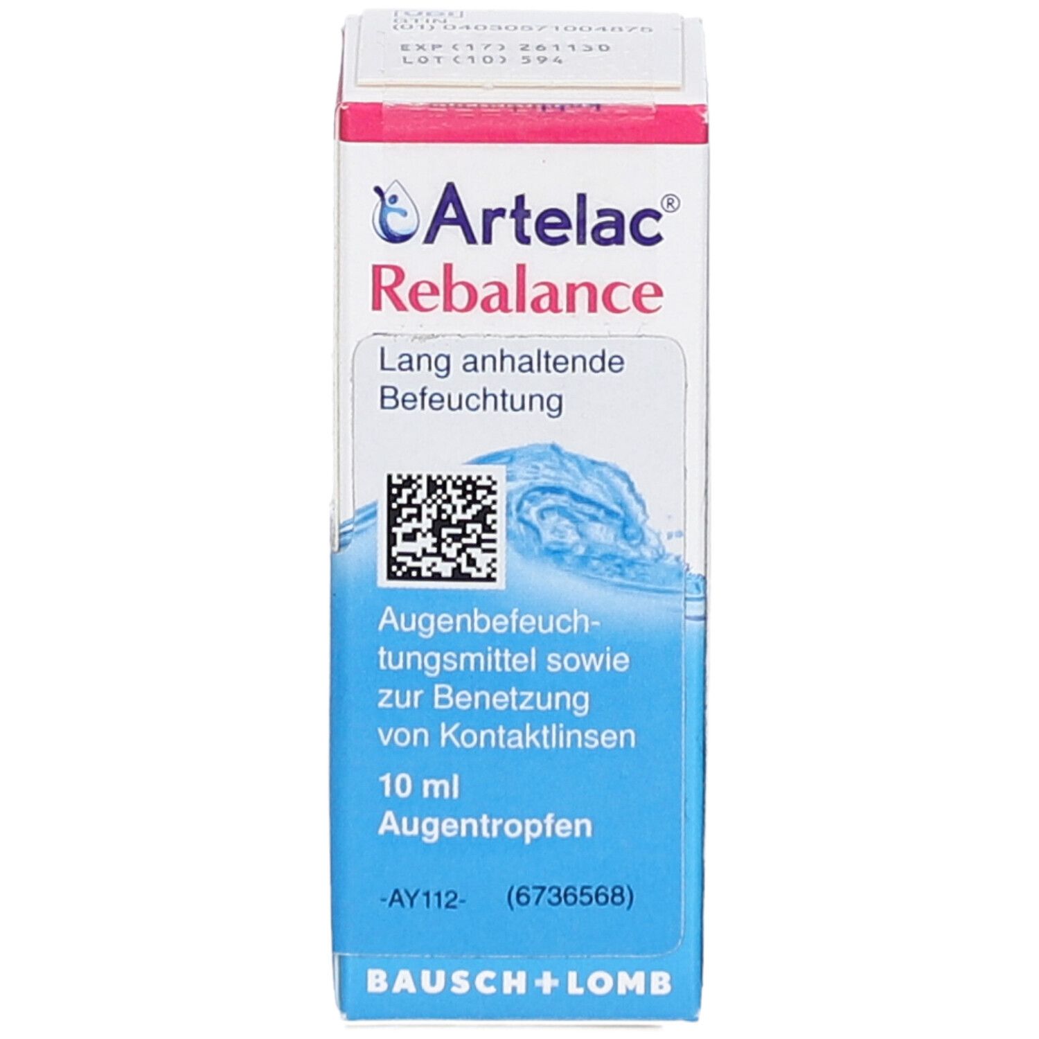 Artelac Rebalance Augentropfen-Verpackung. Weiße und blaue Schachtel mit Produktnamen, QR-Code und Bausch + Lomb Logo. 10 ml.