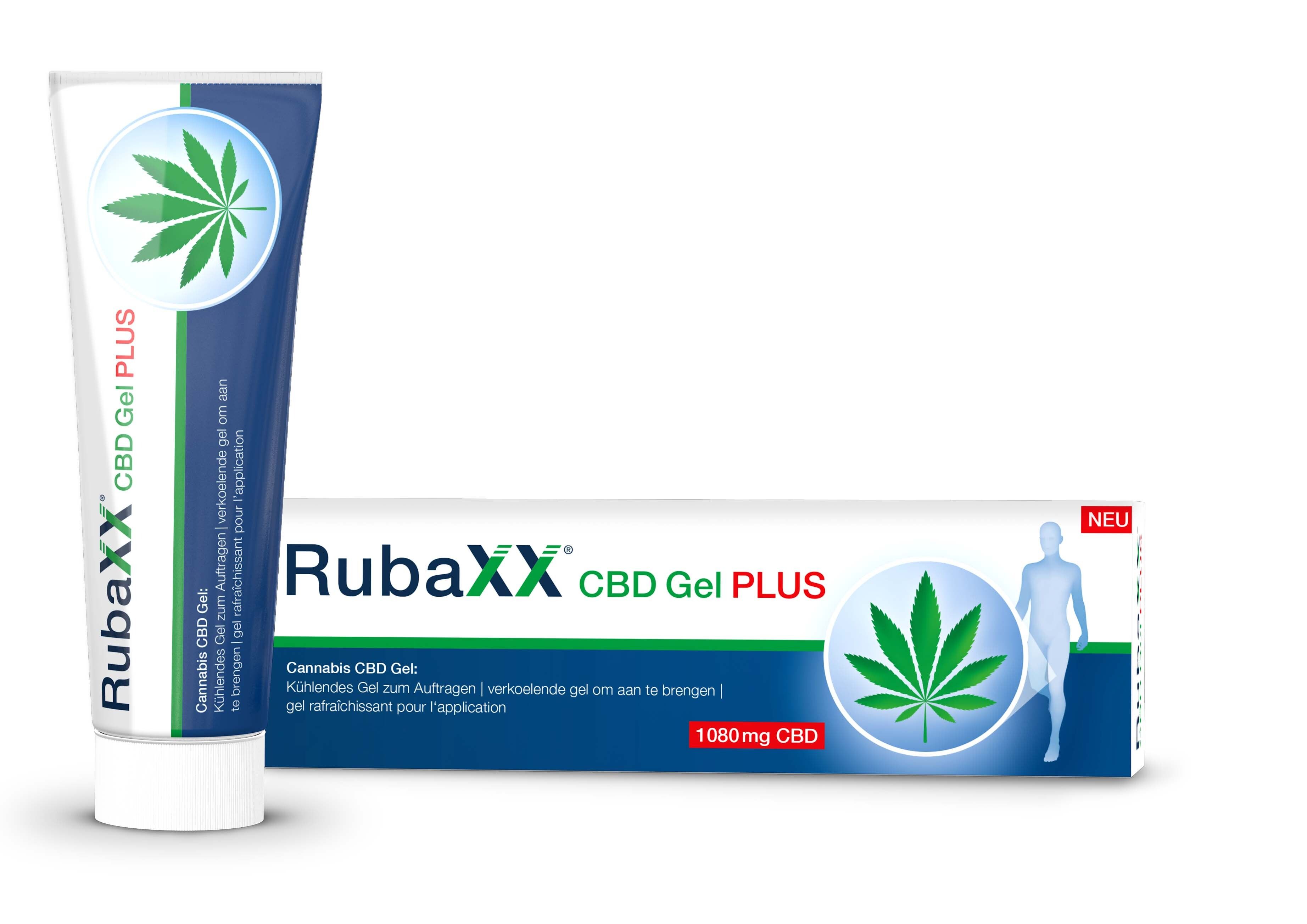 Tube RubaXX CBD Gel Plus, weiß-blau. Cannabis-Blatt-Logo. Aufschrift: CBD Gel Plus. Mit 1080mg CBD.