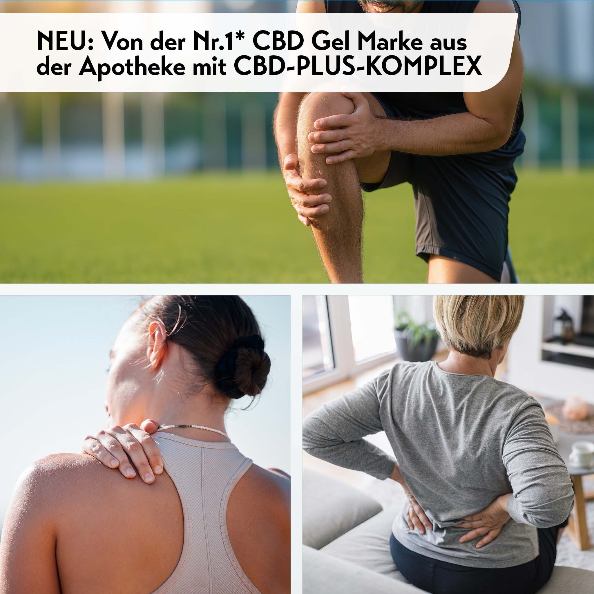 Drei Bilder: Mann am Bein, Frau am Nacken, Frau am Rücken. Text: CBD-PLUS-KOMPLEX. Von der Nr.1 CBD Gel Marke.