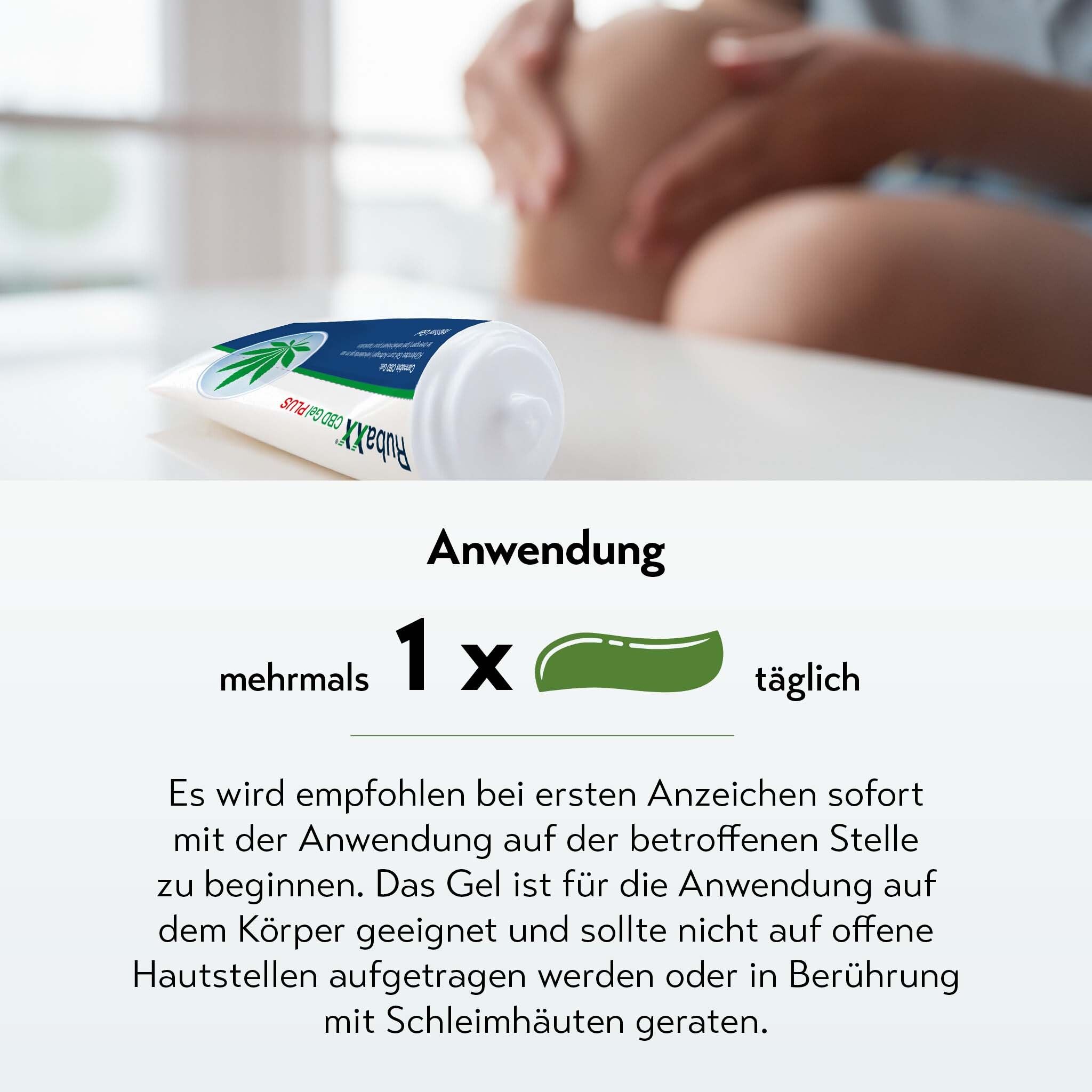 Tube RubaXX CBD Gel Plus. Text: Anwendung: 1x täglich. Empfehlung: Bei ersten Anzeichen beginnen.