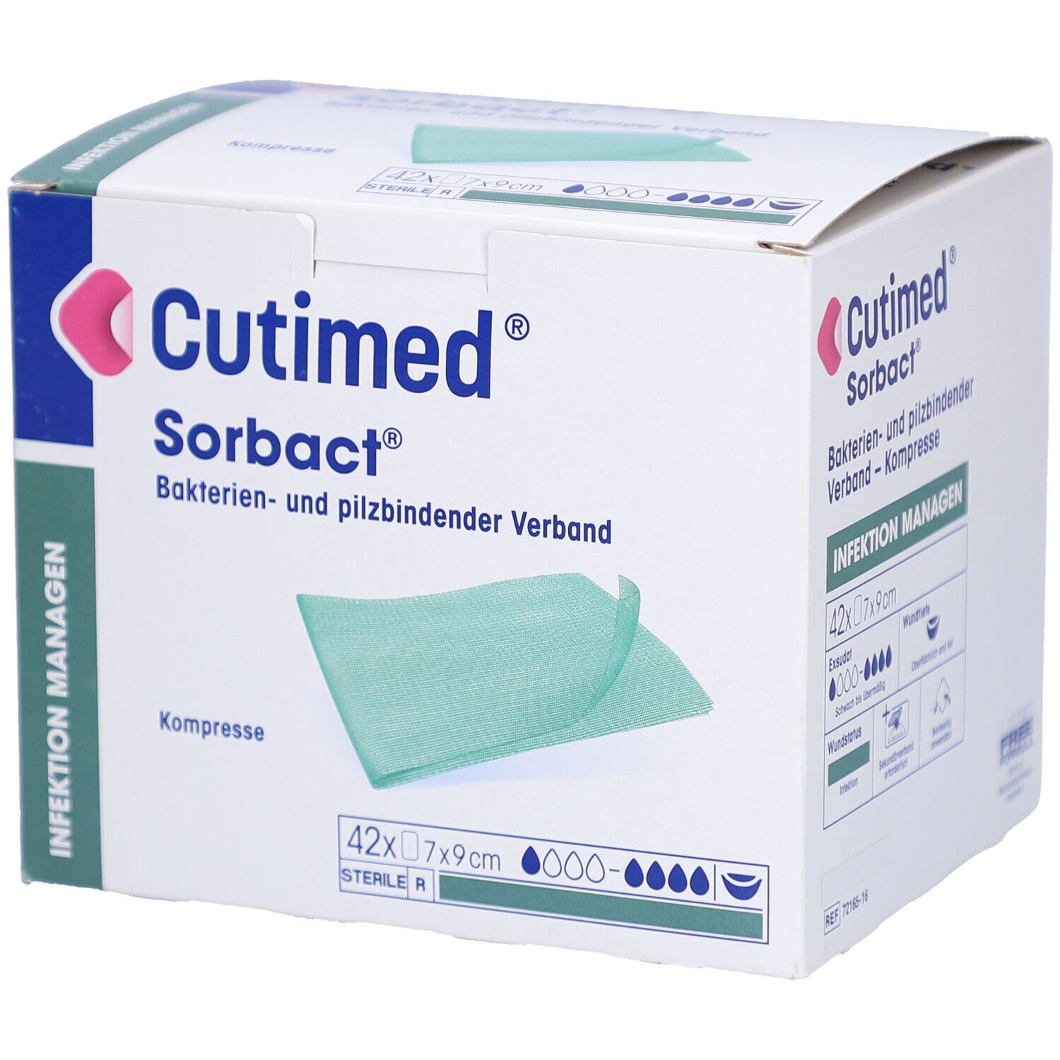 Verpackung von Cutimed Sorbact Kompressen. Enthält 42 Stück, 7x9 cm. Grünliche Kompresse sichtbar. Aufschrift: Infektion Managen.