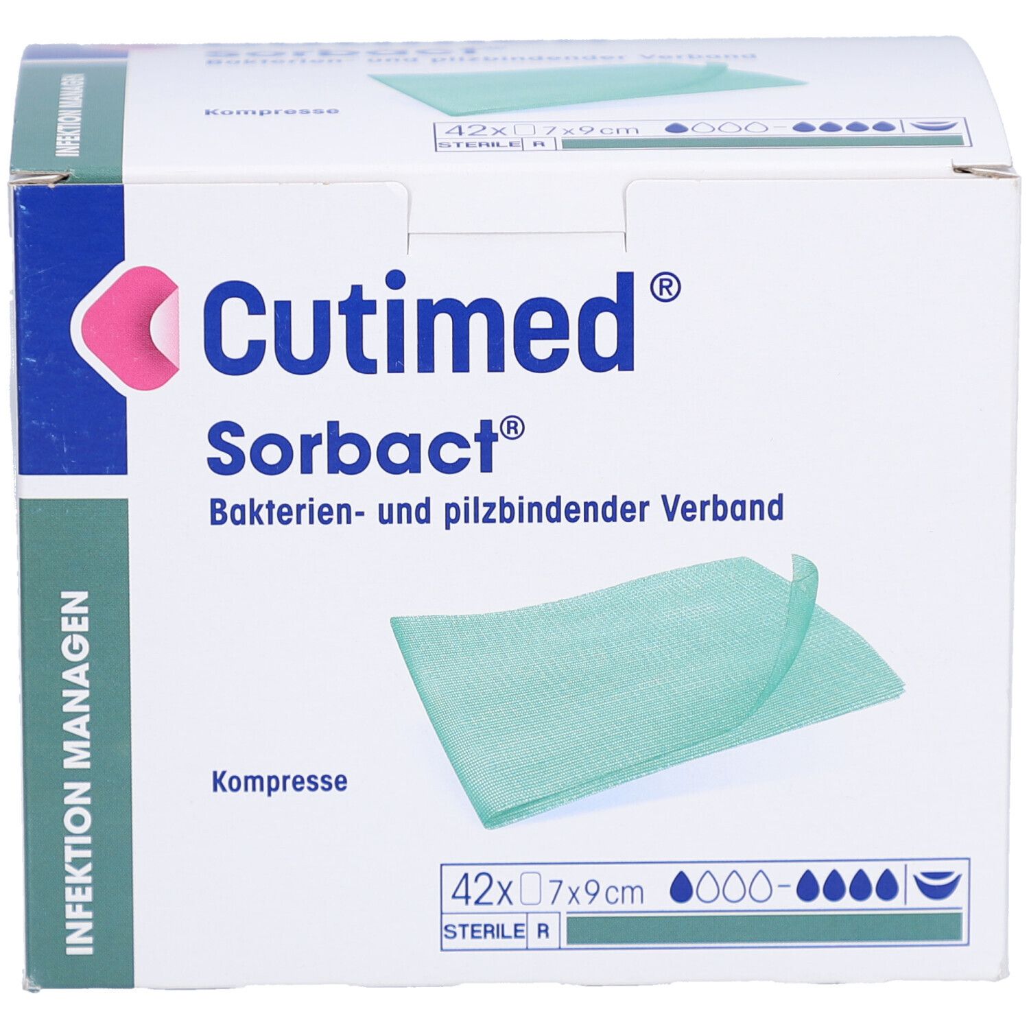 Verpackung von Cutimed Sorbact Kompressen. Enthält 42 Stück, 7x9 cm. Grünliche Kompresse sichtbar. Aufschrift: Infektion Managen.