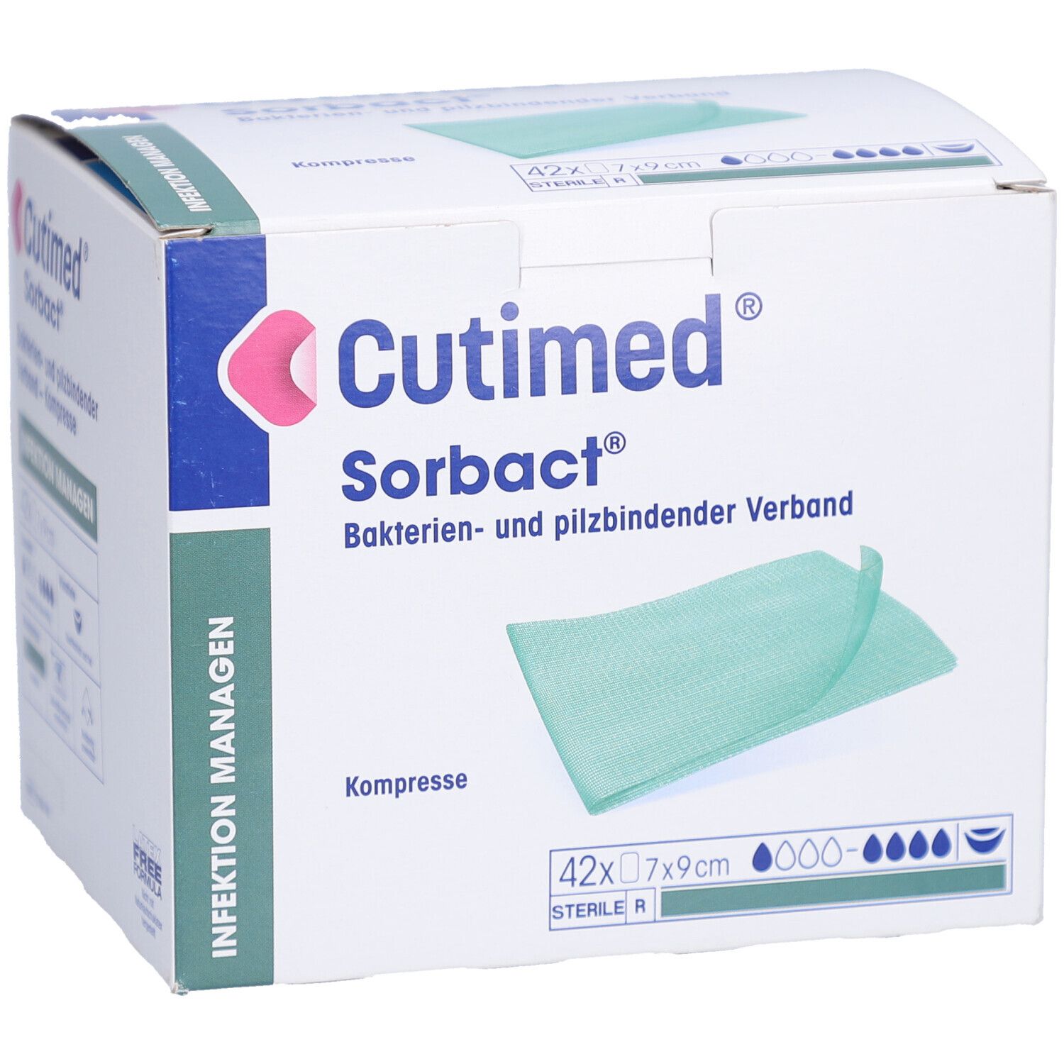 Verpackung von Cutimed Sorbact Kompressen. Enthält 42 Stück, 7x9 cm. Grünliche Kompresse sichtbar. Aufschrift: Infektion Managen.