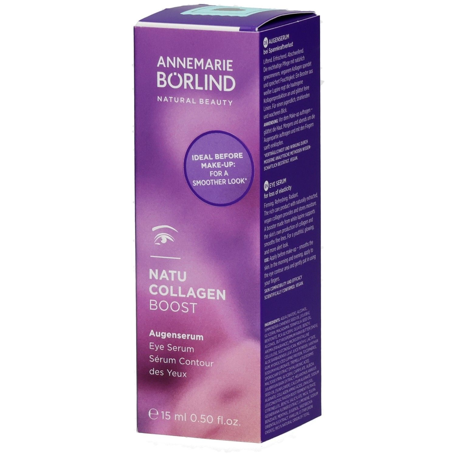 BÖRLIND NATU COLLAGEN Boost Augenserum lim.Edition. Lila Verpackung. Produktname und Logo. Text: Augenserum, Eye Serum, Sérum Contour des Yeux. 15 ml.