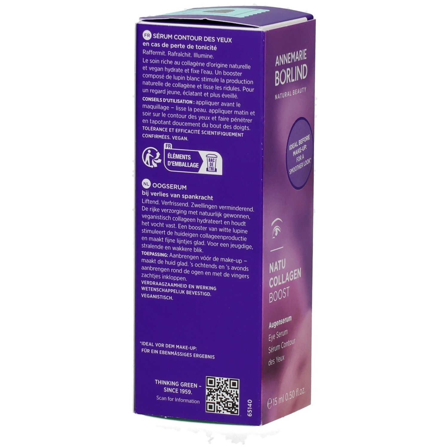 BÖRLIND NATU COLLAGEN Boost Augenserum lim.Edition. Verpackung mit Text in Deutsch, Französisch und Niederländisch. Logo und QR-Code. Rückseite.