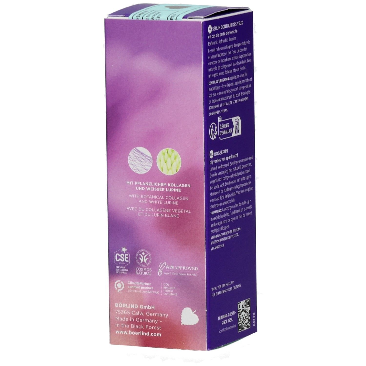 BÖRLIND NATU COLLAGEN Boost Augenserum lim.Edition. Verpackung. Text: Mit pflanzlichem Kollagen und weißer Lupine. Logo. Rückseite.