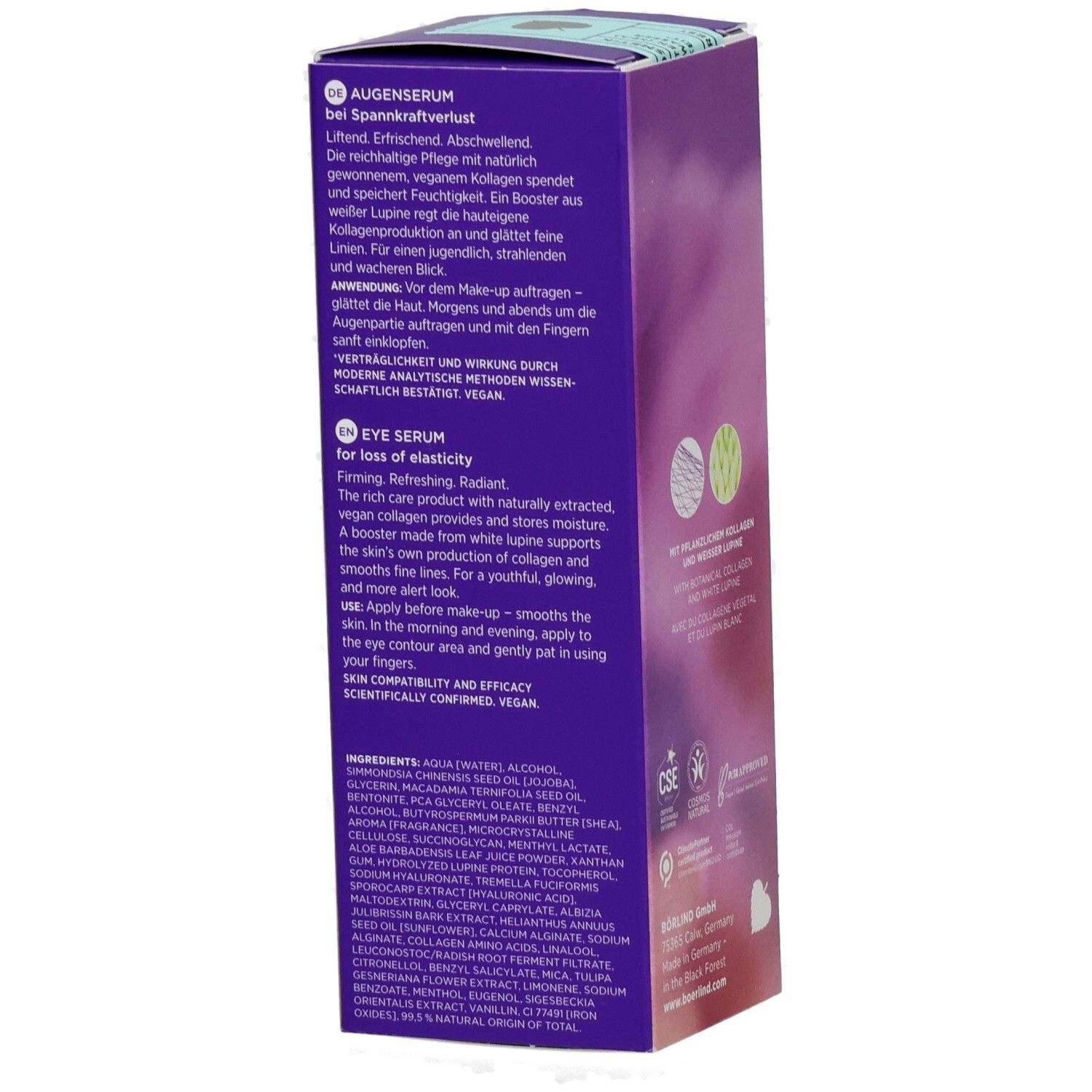 BÖRLIND NATU COLLAGEN Boost Augenserum lim.Edition. Verpackung. Text in Deutsch und Englisch. Inhaltsstoffe. Logo. Rückseite.