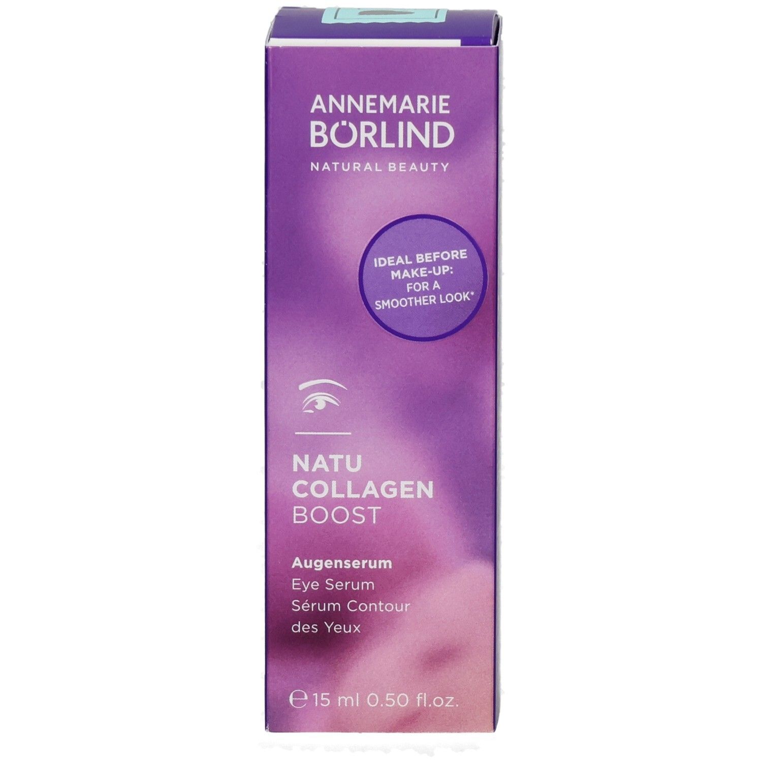 BÖRLIND NATU COLLAGEN Boost Augenserum lim.Edition. Lila Verpackung. Produktname und Logo. Text: Augenserum, Eye Serum, Sérum Contour des Yeux. 15 ml.