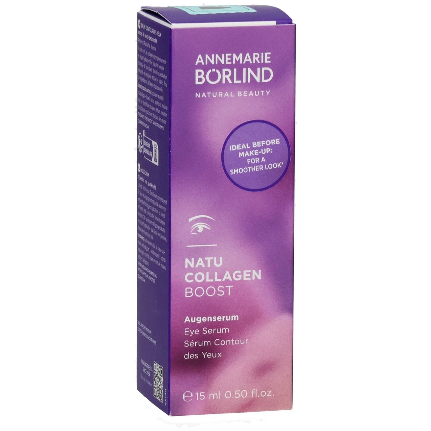 BÖRLIND NATU COLLAGEN Boost Augenserum lim.Edition. Lila Verpackung. Produktname und Logo. Text: Augenserum, Eye Serum, Sérum Contour des Yeux. 15 ml.