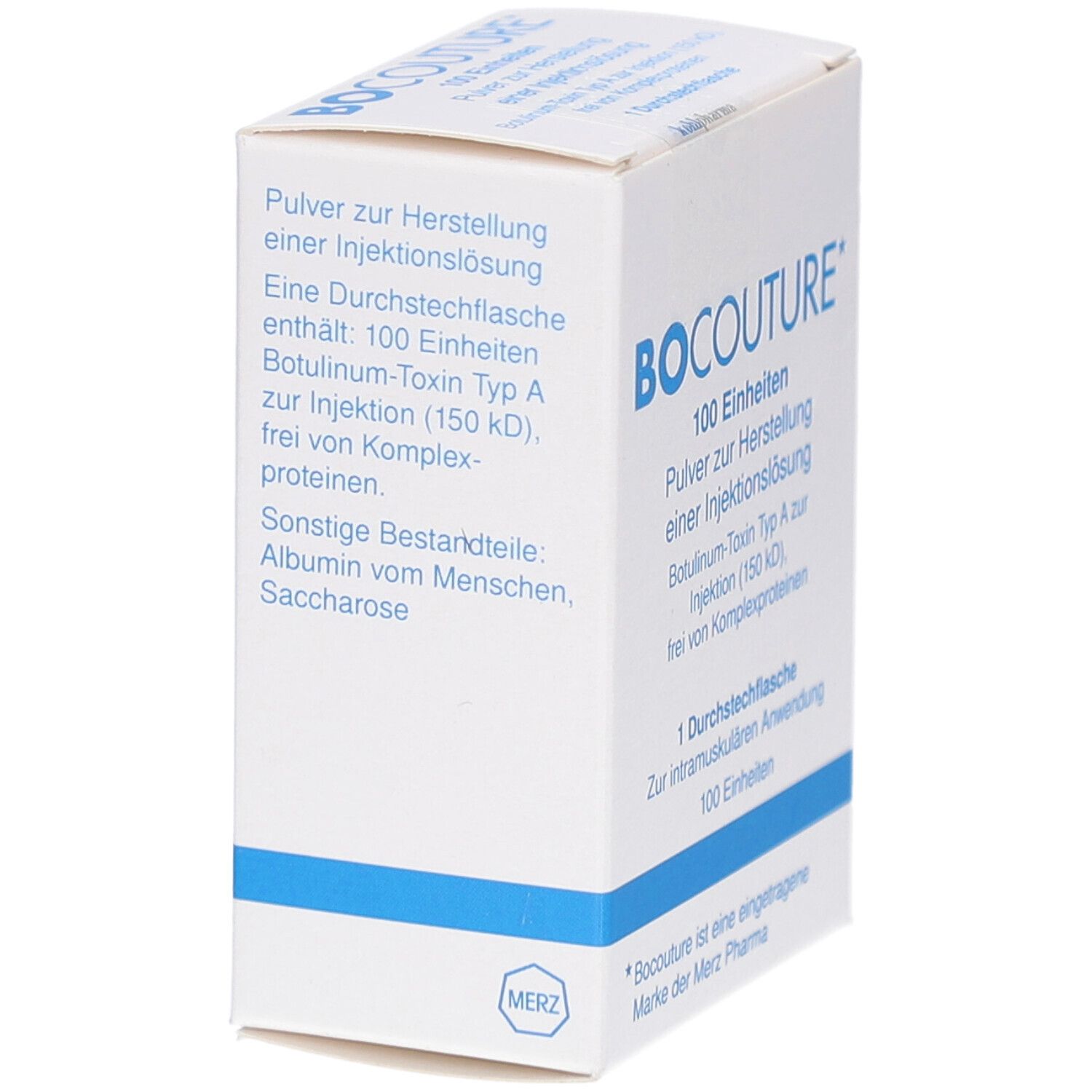 Weiße Faltschachtel. BOCOUTURE, 100 Einheiten. Pulver zur Herstellung einer Injektionslösung. Merz Pharma Logo.