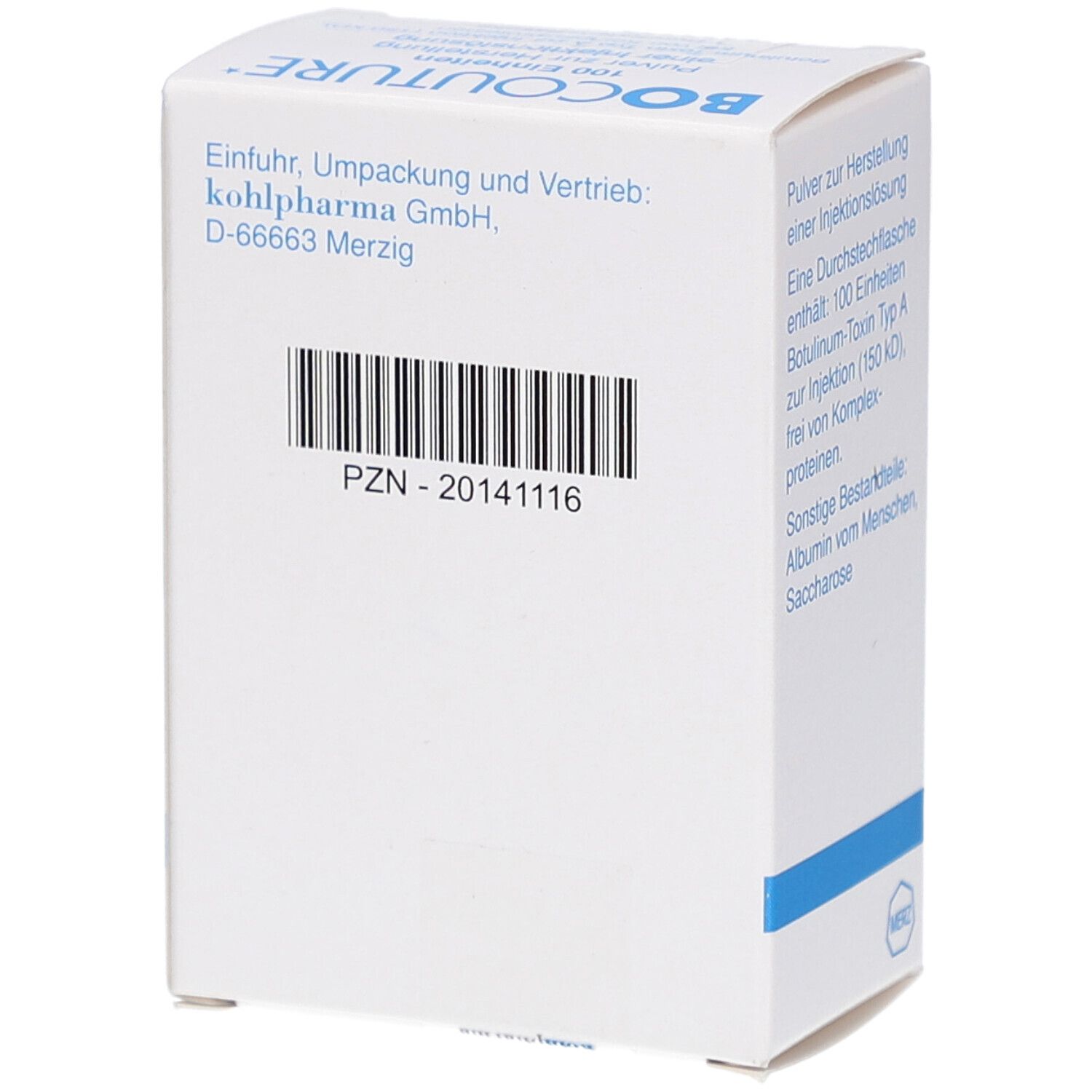 Weiße Faltschachtel mit Barcode und Text. Kohlpharma GmbH. PZN-20141116. Blaue Linie.